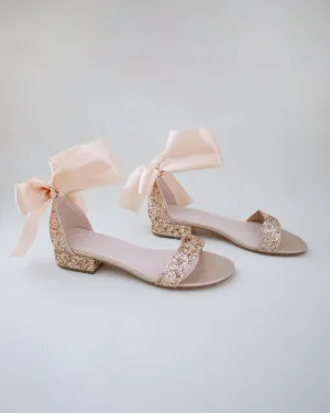 Rock Glitter Low Block Heel Evening Sandals with Wrapped Satin Tie