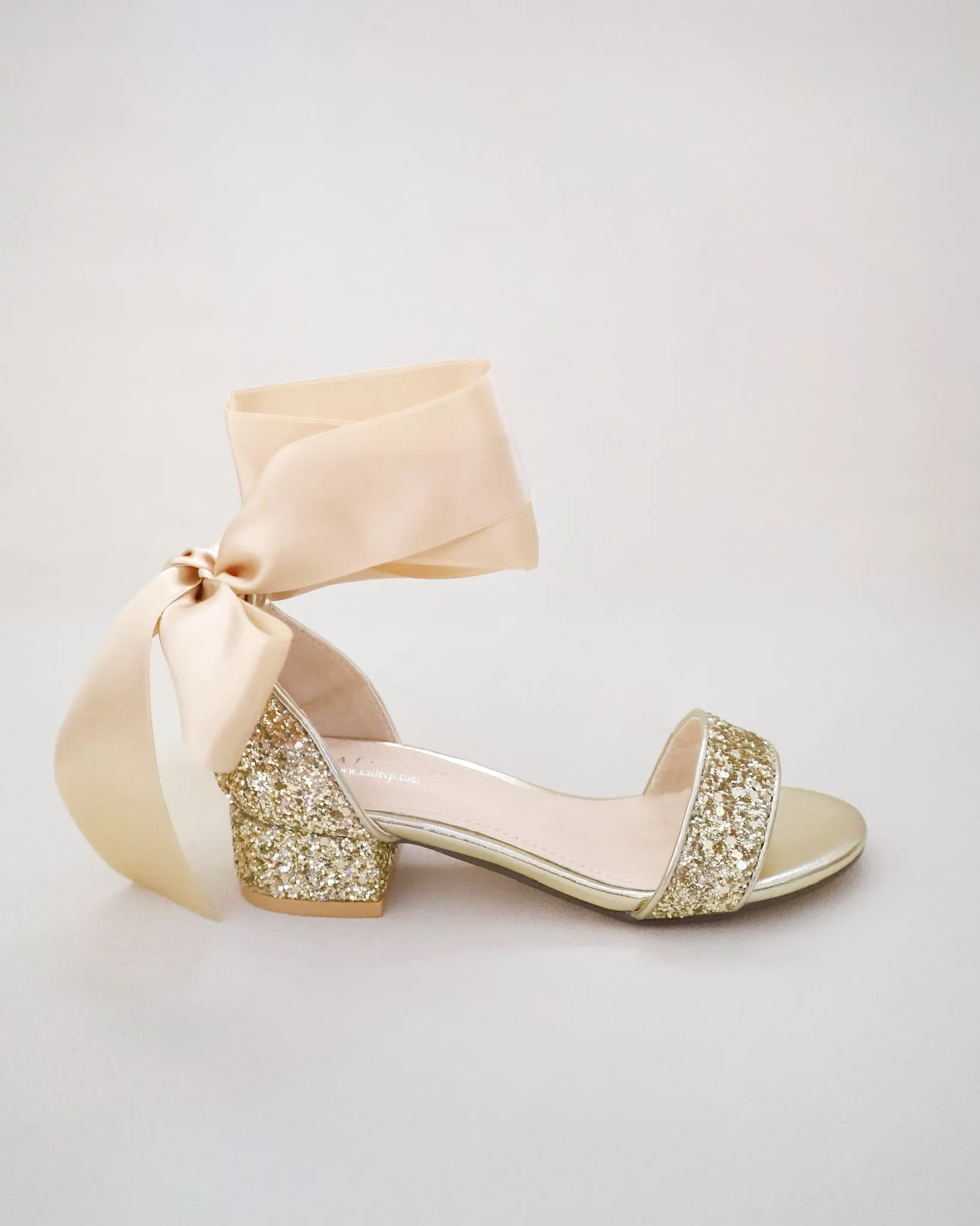 Rock Glitter Low Block Heel Girls Sandals with Wrapped Satin Tie