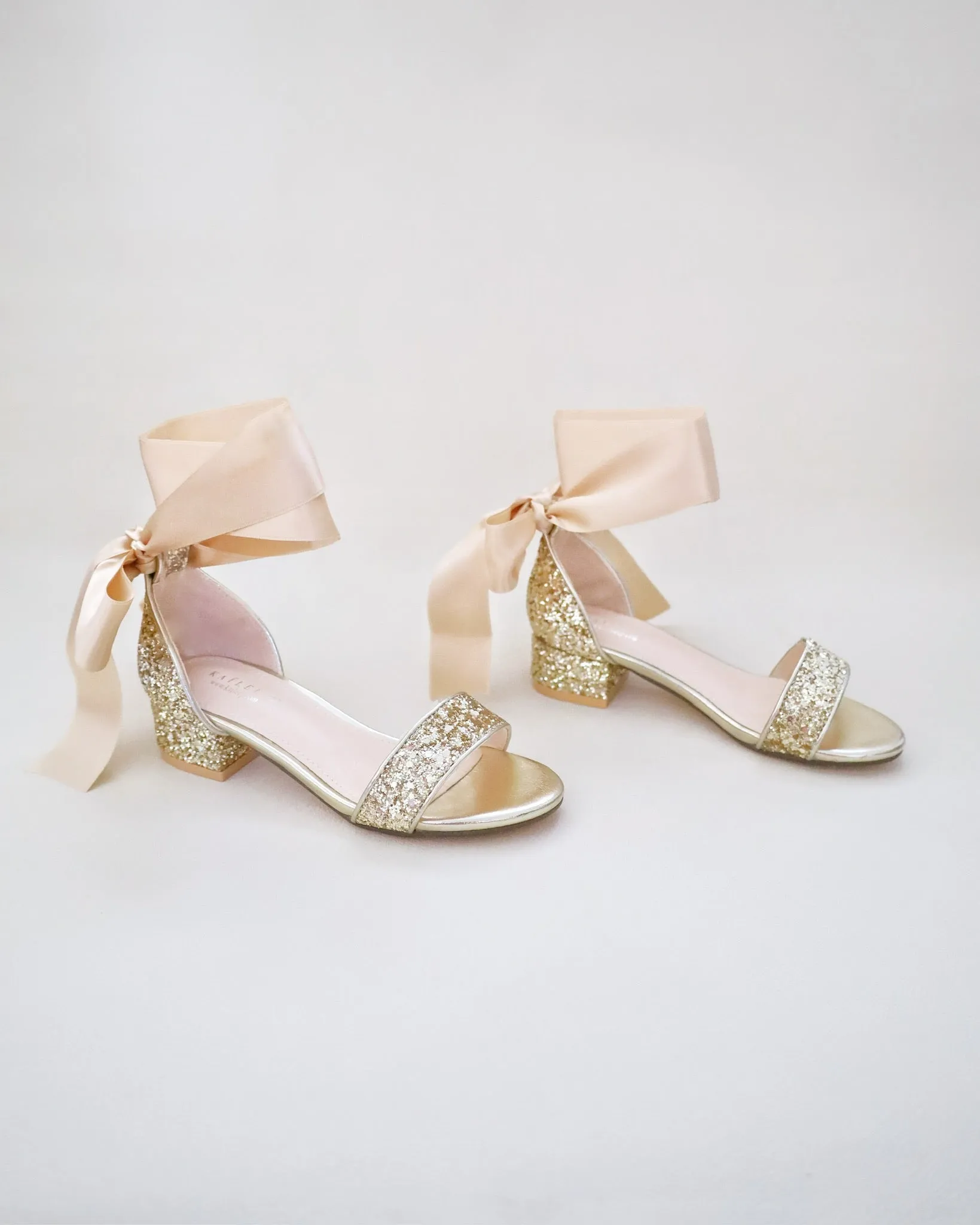 Rock Glitter Low Block Heel Girls Sandals with Wrapped Satin Tie