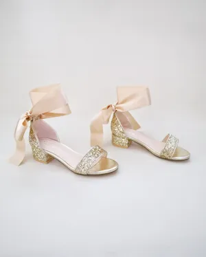 Rock Glitter Low Block Heel Girls Sandals with Wrapped Satin Tie