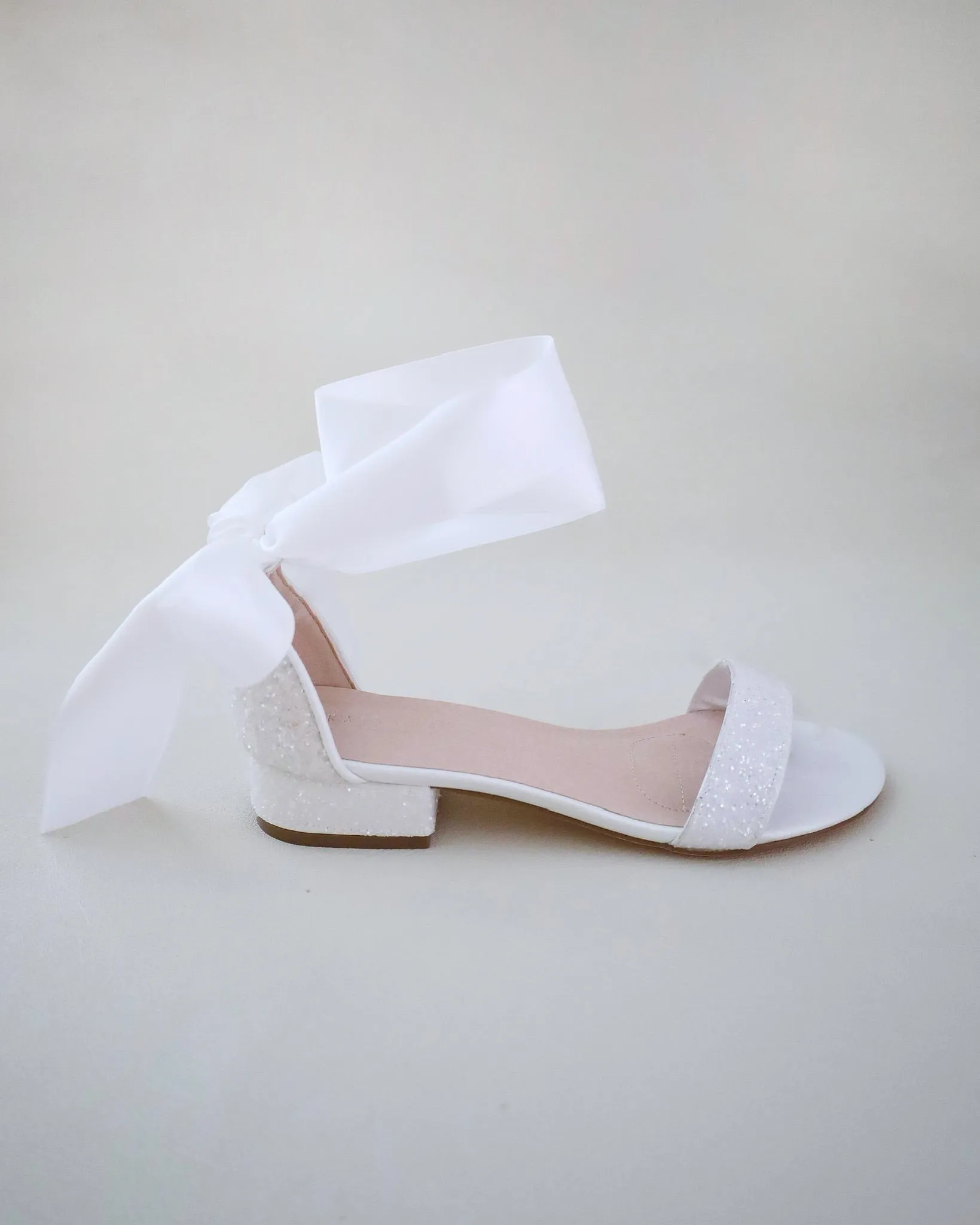 Rock Glitter Low Block Heel Wedding Sandals with Wrapped Satin Tie