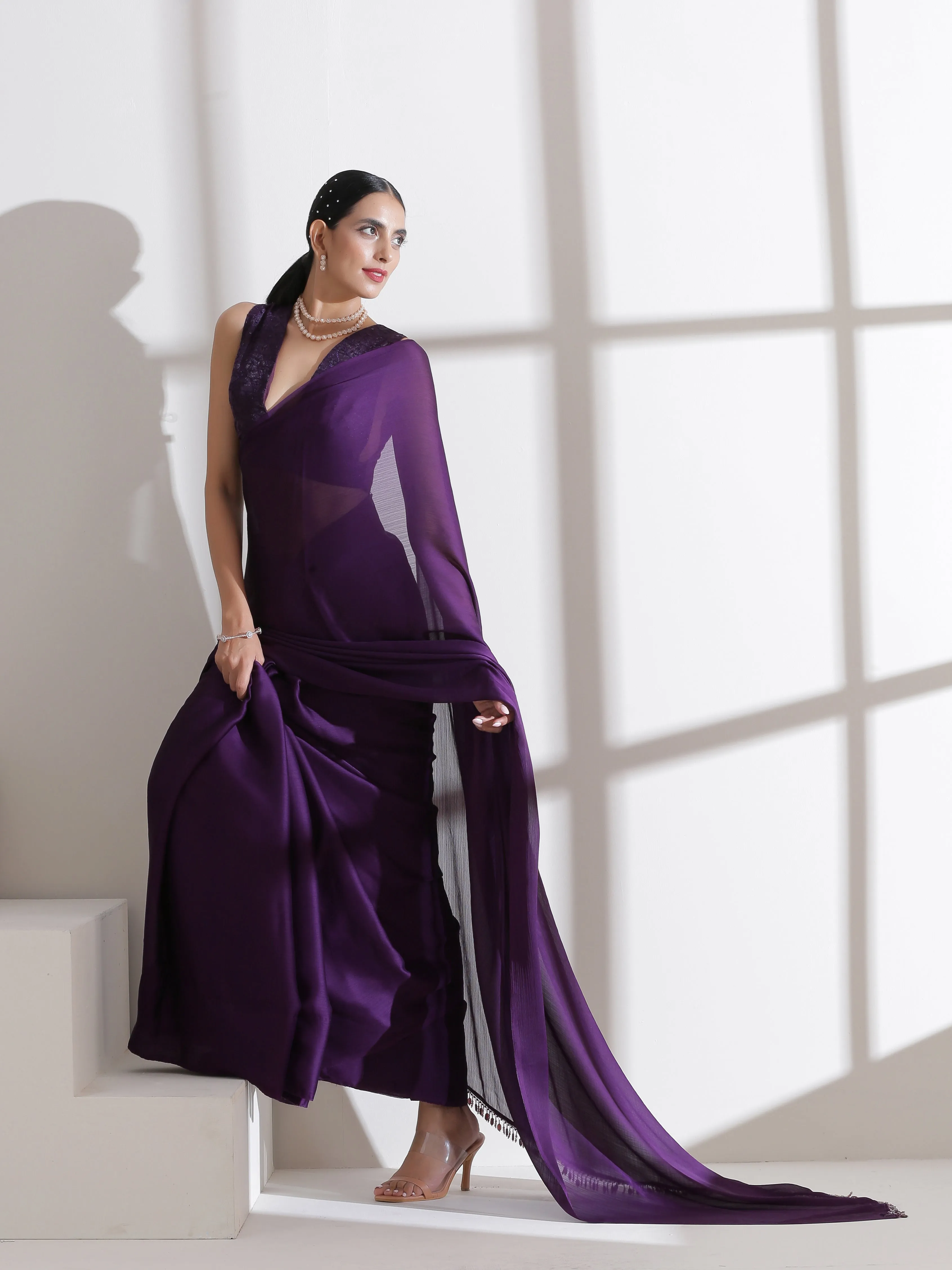 Royal Amethyst Purple Saree With Embroidered Blouse Fabric
