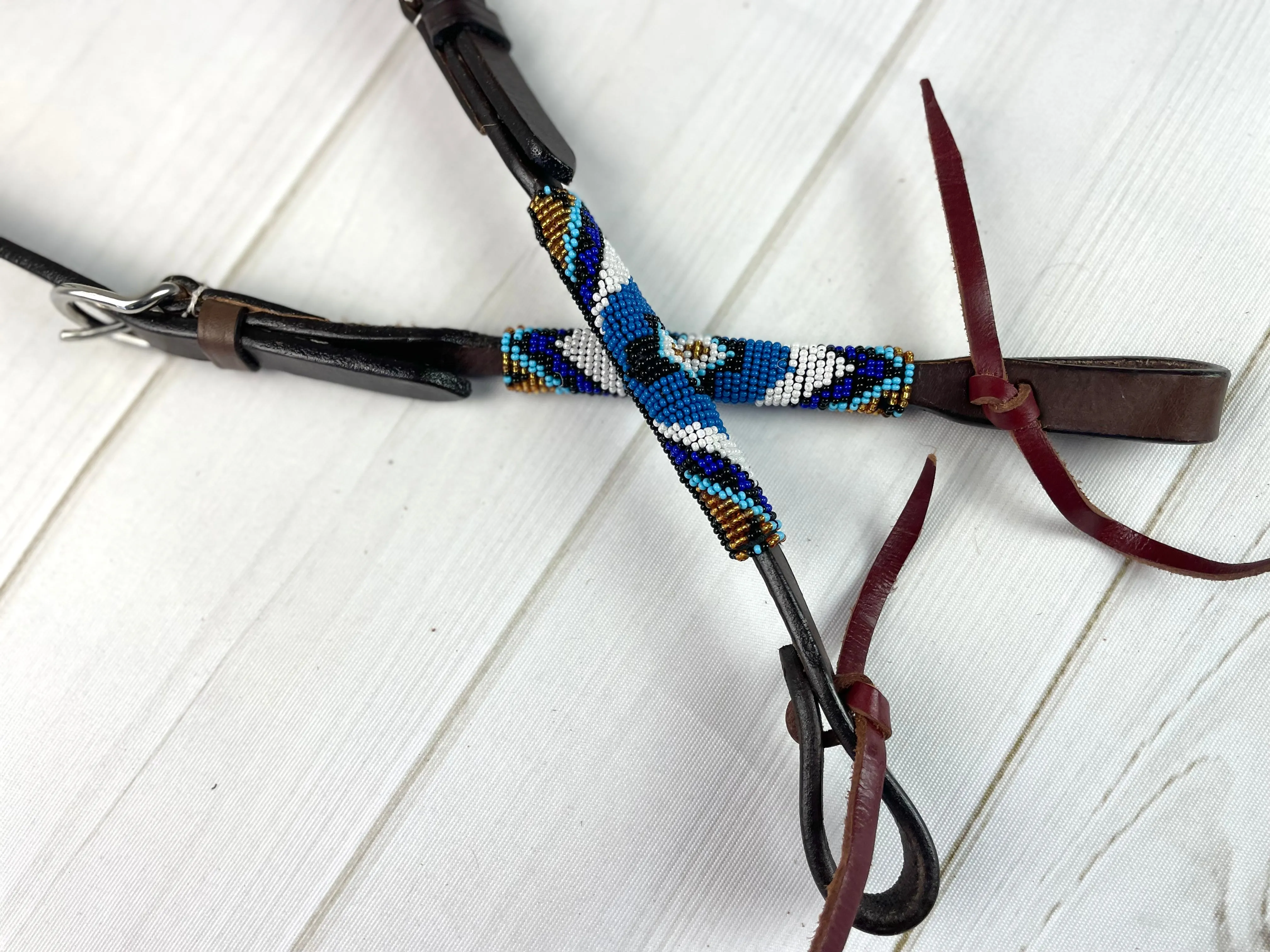 Royal Blue & White Beaded One Ear Leather Headstall