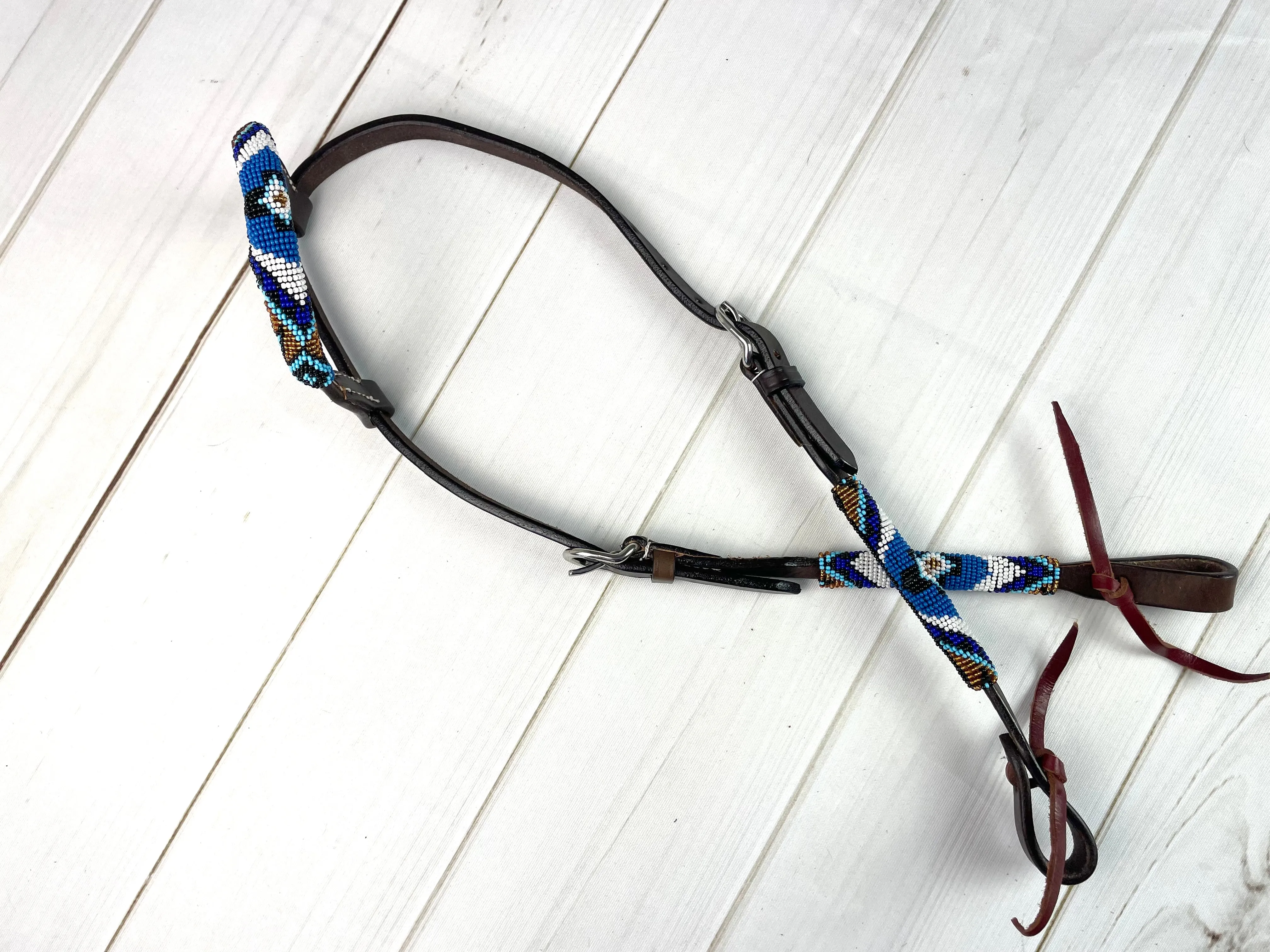 Royal Blue & White Beaded One Ear Leather Headstall