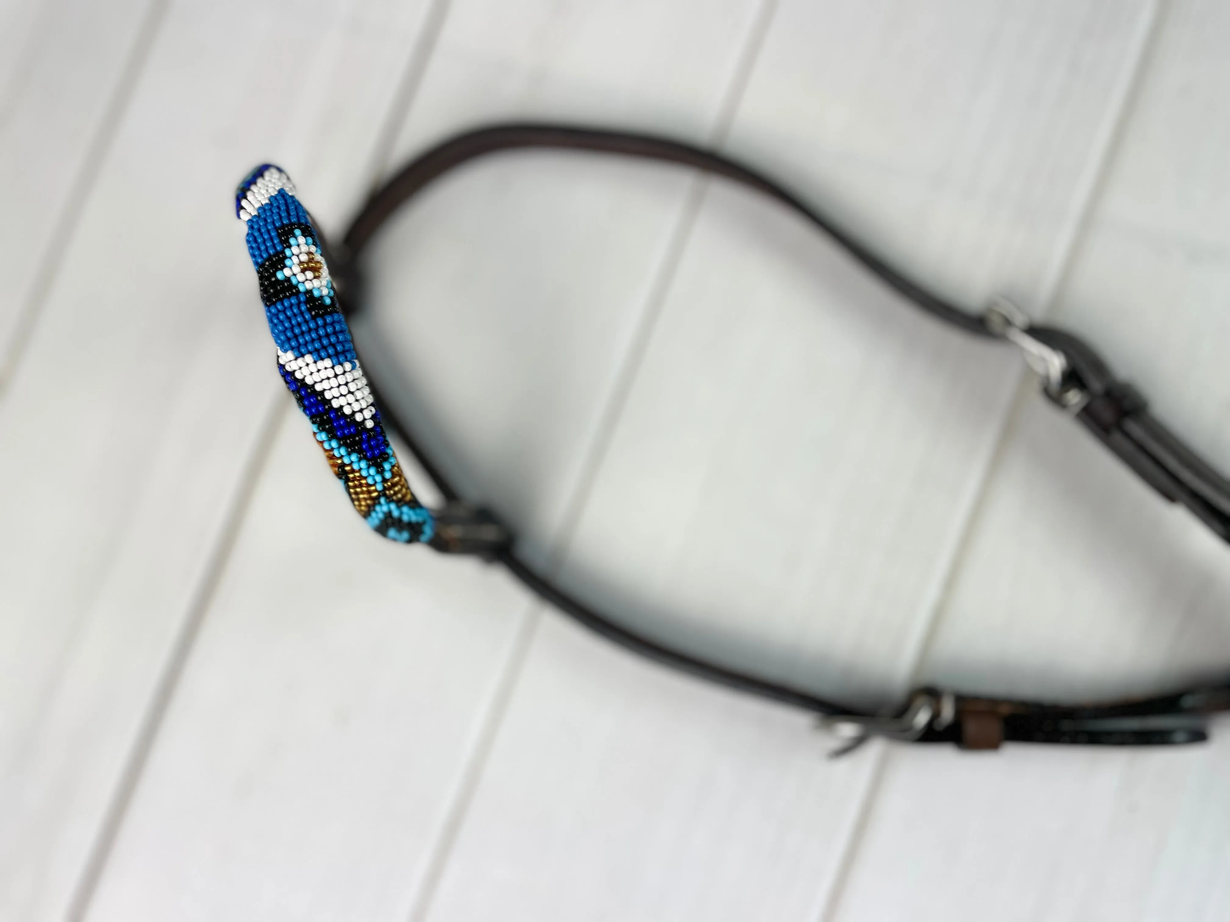 Royal Blue & White Beaded One Ear Leather Headstall