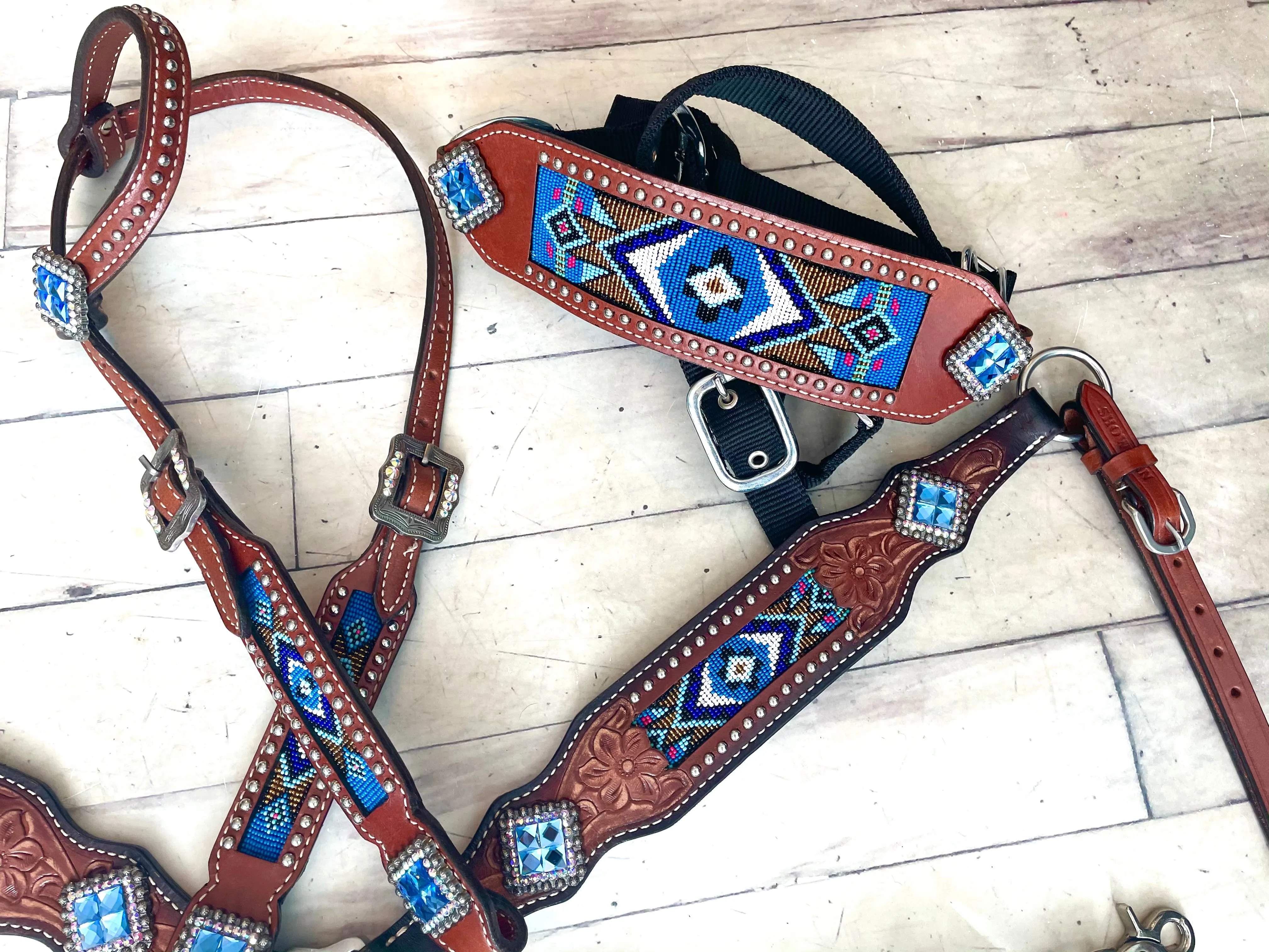 Royal Blue Beaded Inset, Studded Bronc Halter