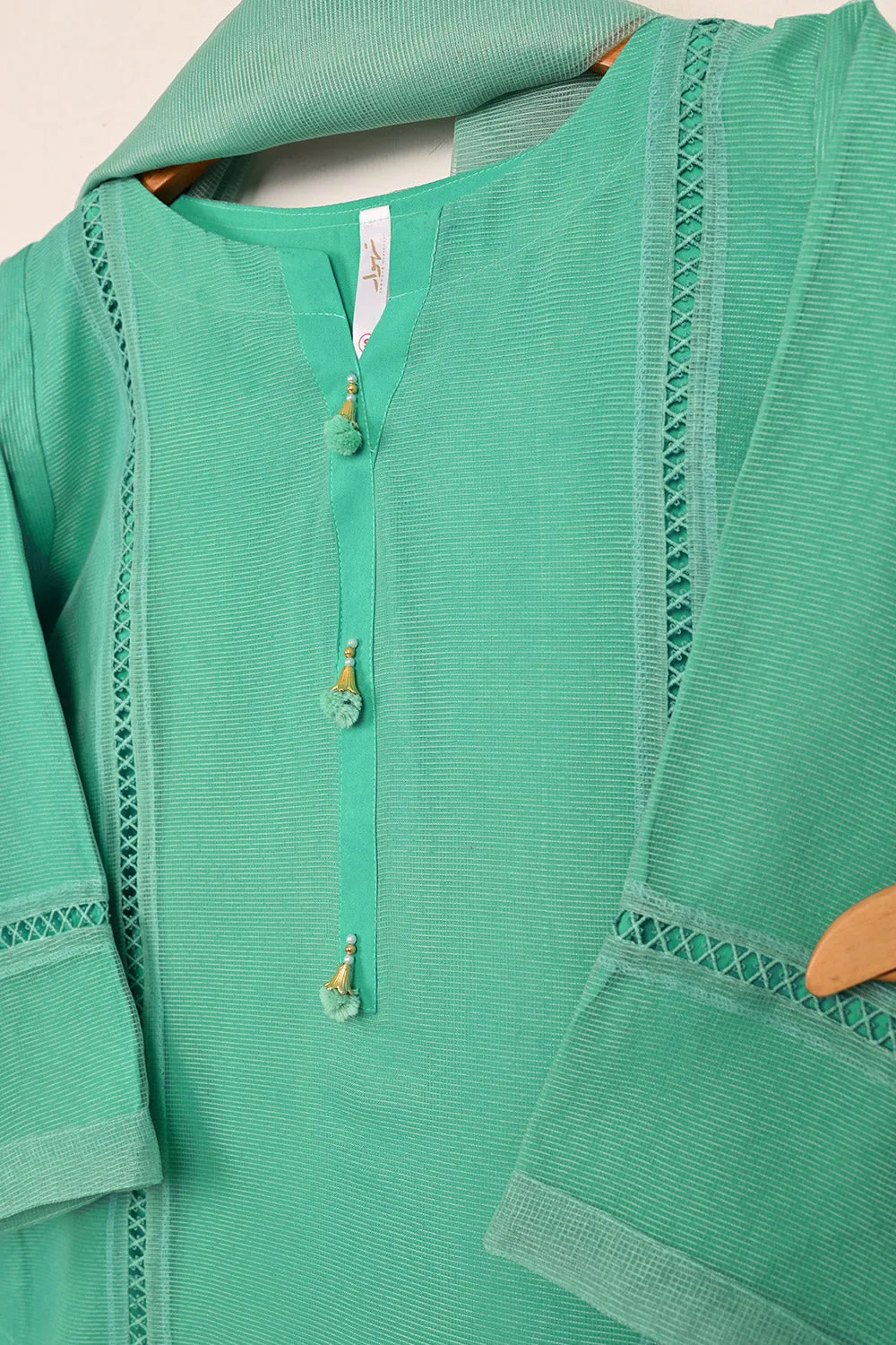RTW-206-Green - 3Pc Ready to Wear 3Pc Javeria Net Embroidered  Dress