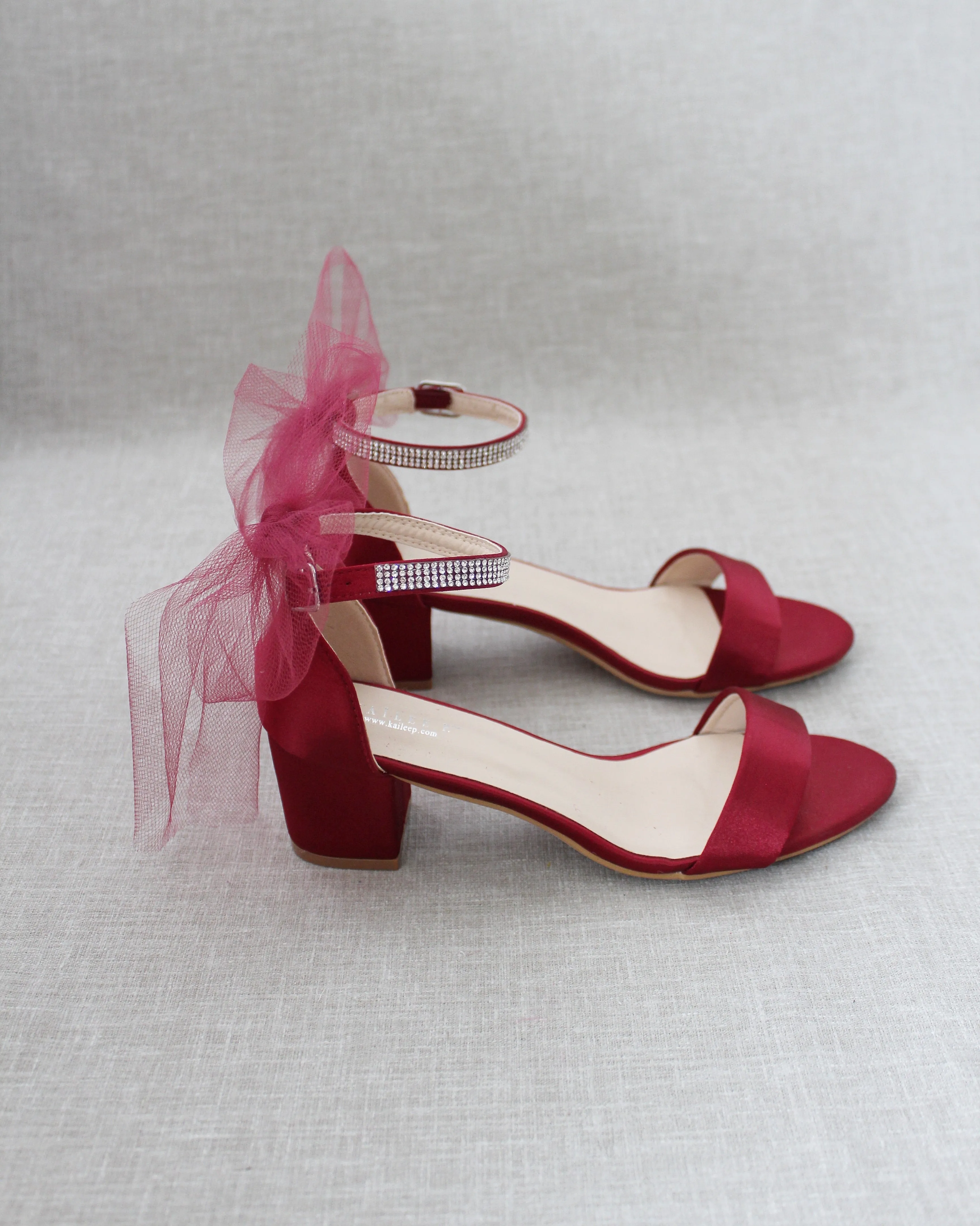 Satin Block Heel Sandals with Tulle Back Bow