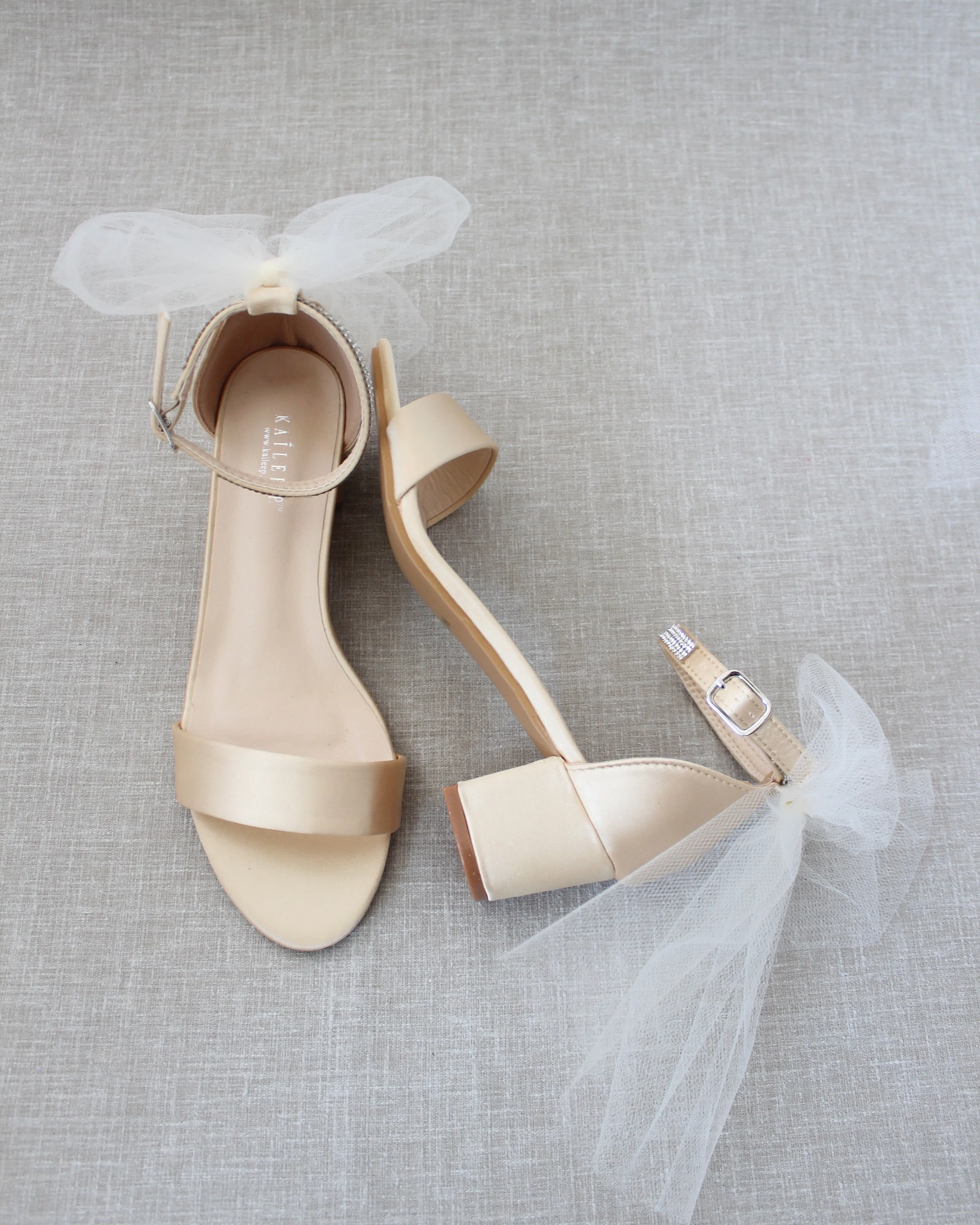 Satin Block Heel Sandals with Tulle Back Bow