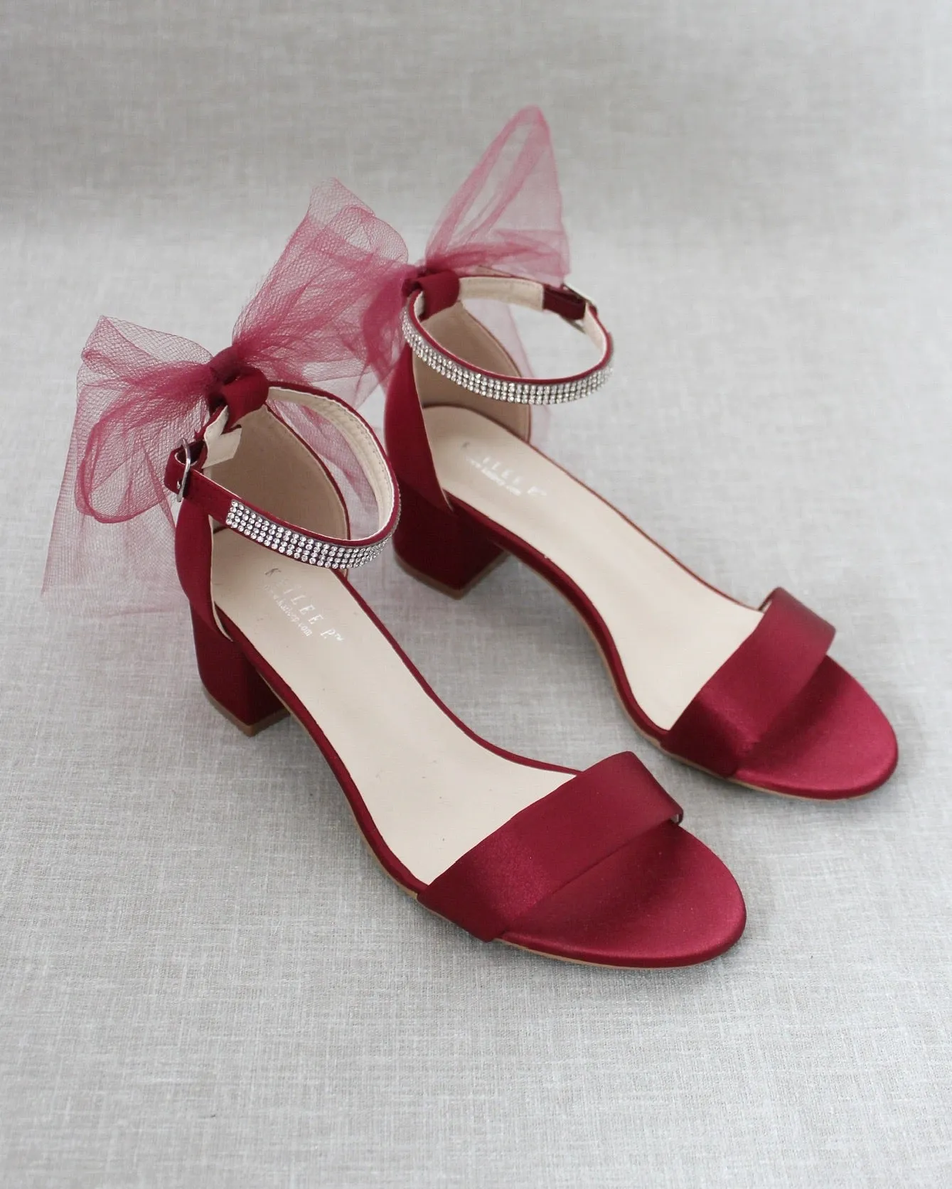 Satin Block Heel Sandals with Tulle Back Bow