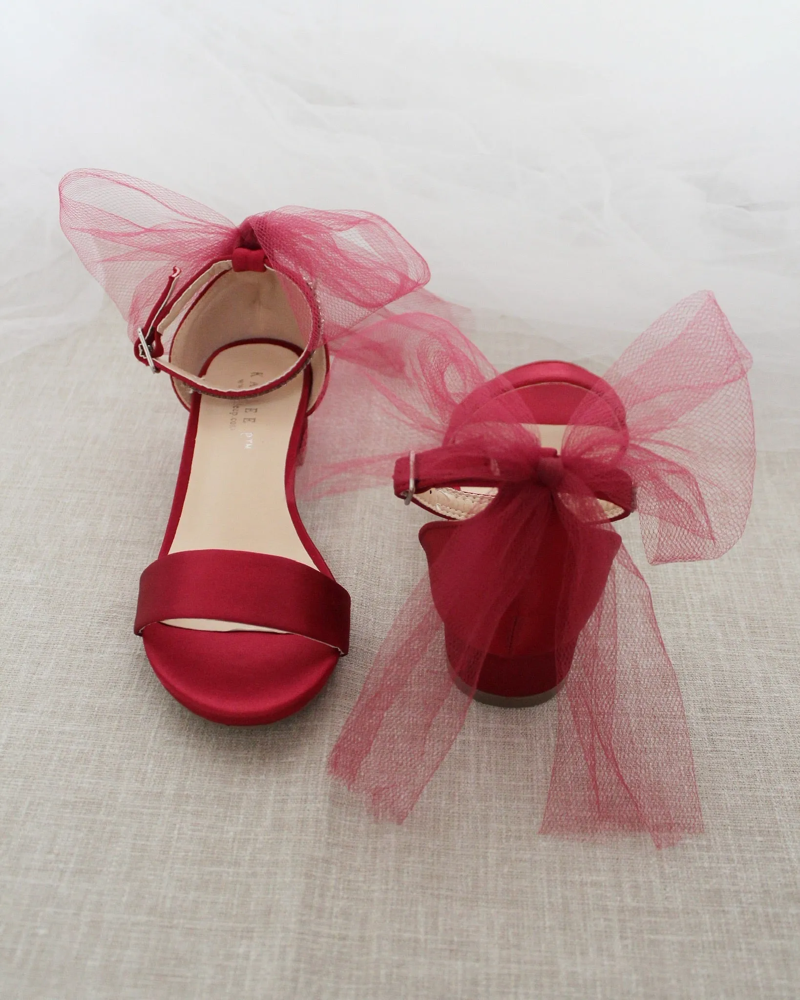 Satin Block Heel Sandals with Tulle Back Bow