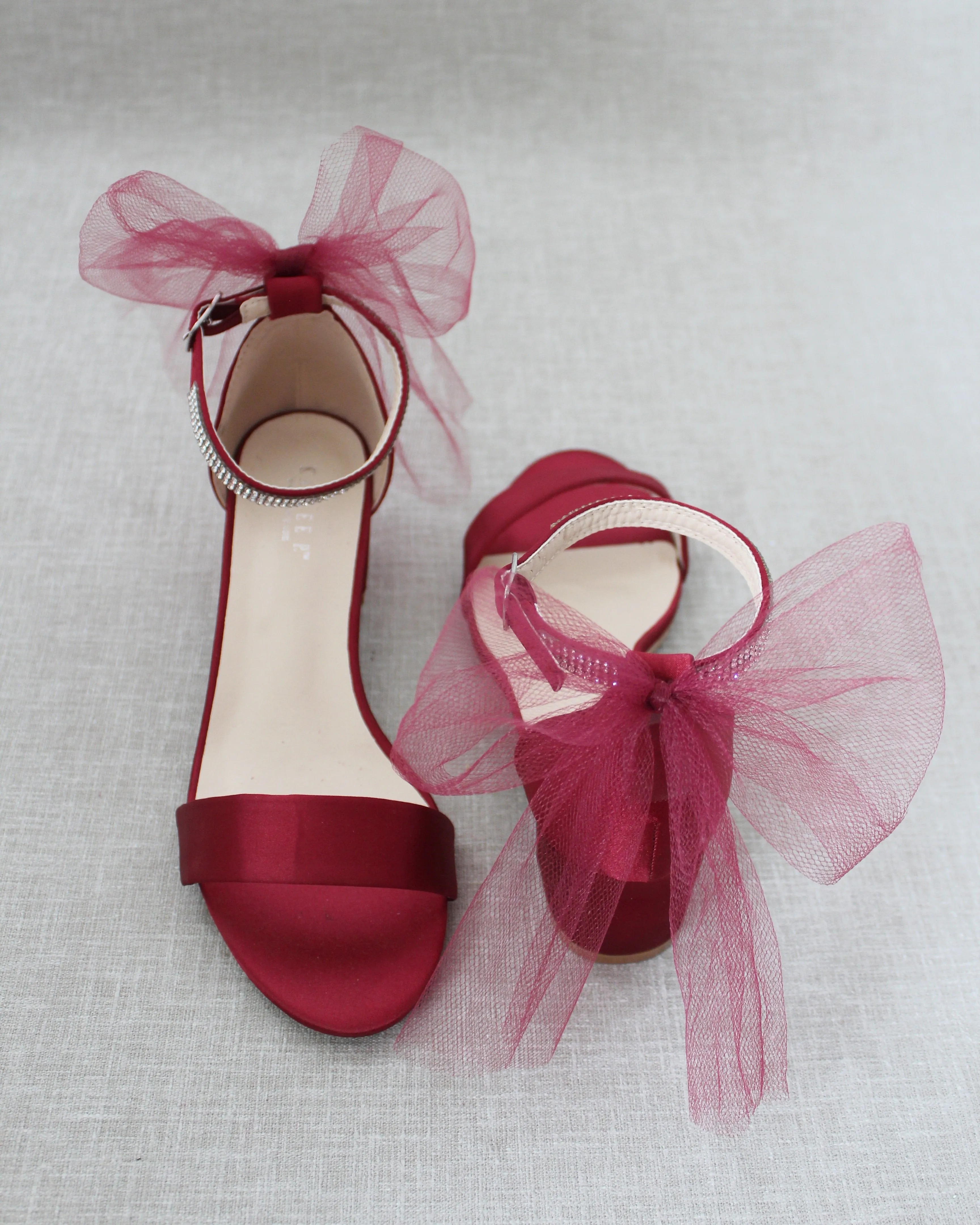 Satin Block Heel Sandals with Tulle Back Bow