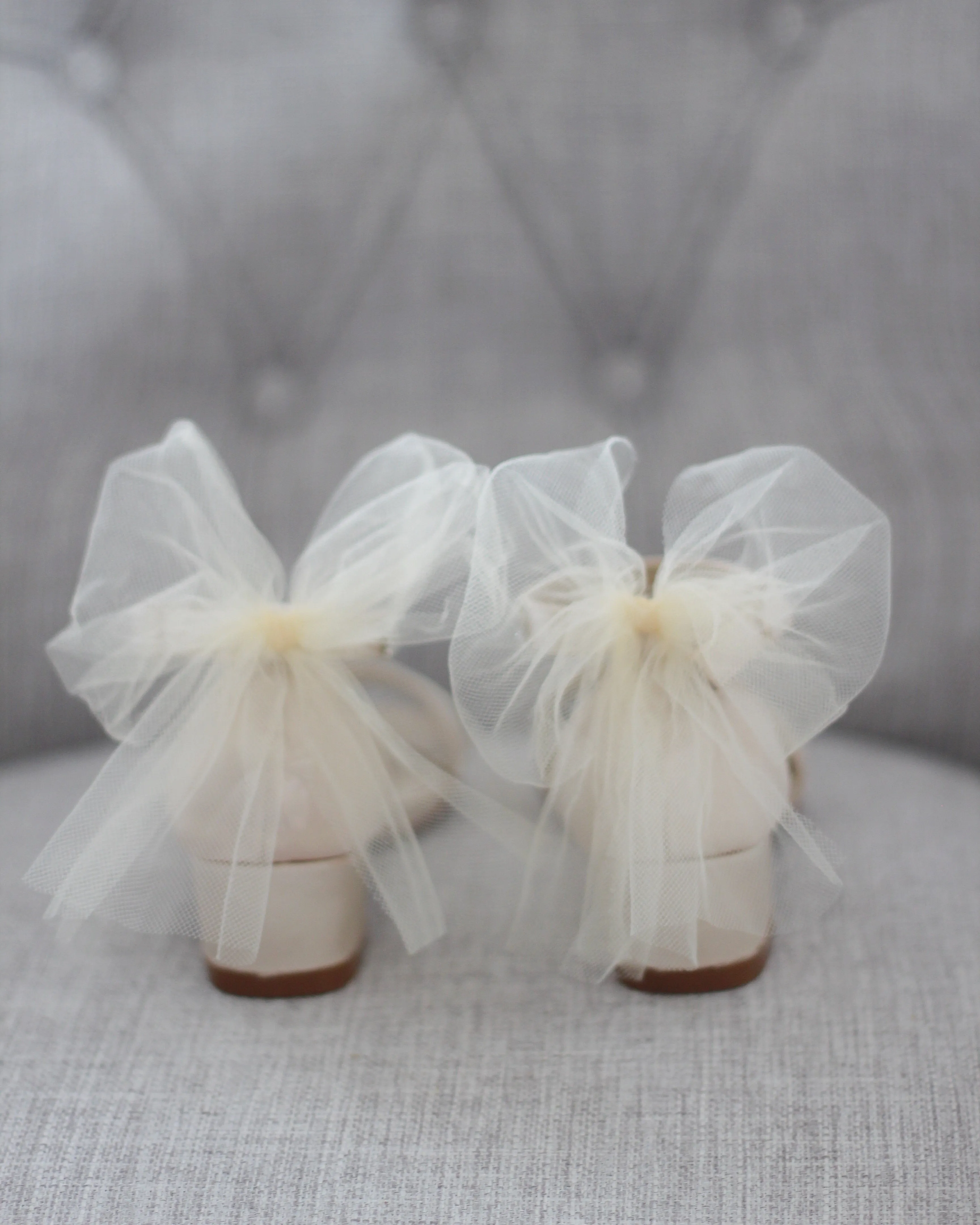 Satin Block Heel Sandals with Tulle Back Bow