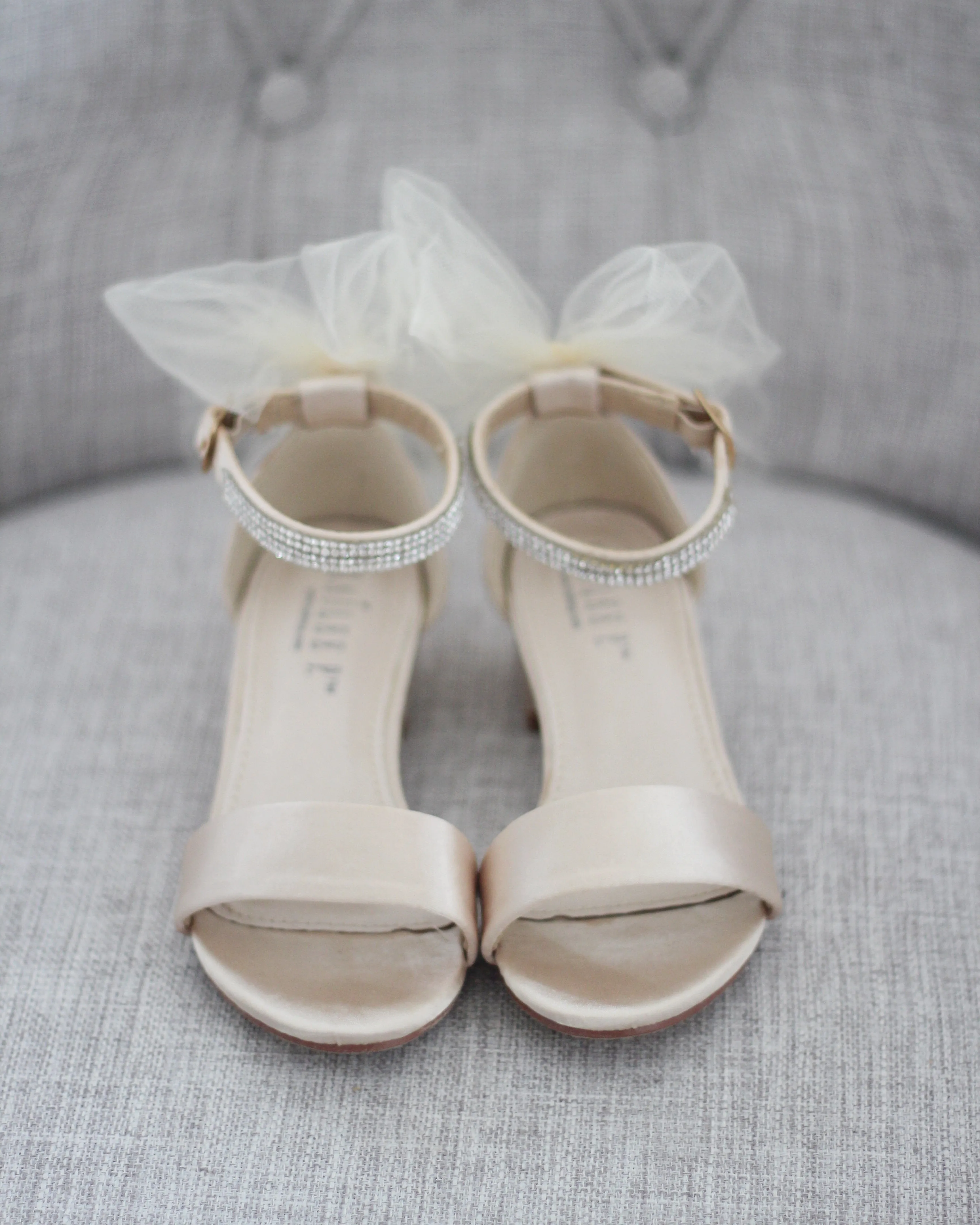 Satin Block Heel Sandals with Tulle Back Bow