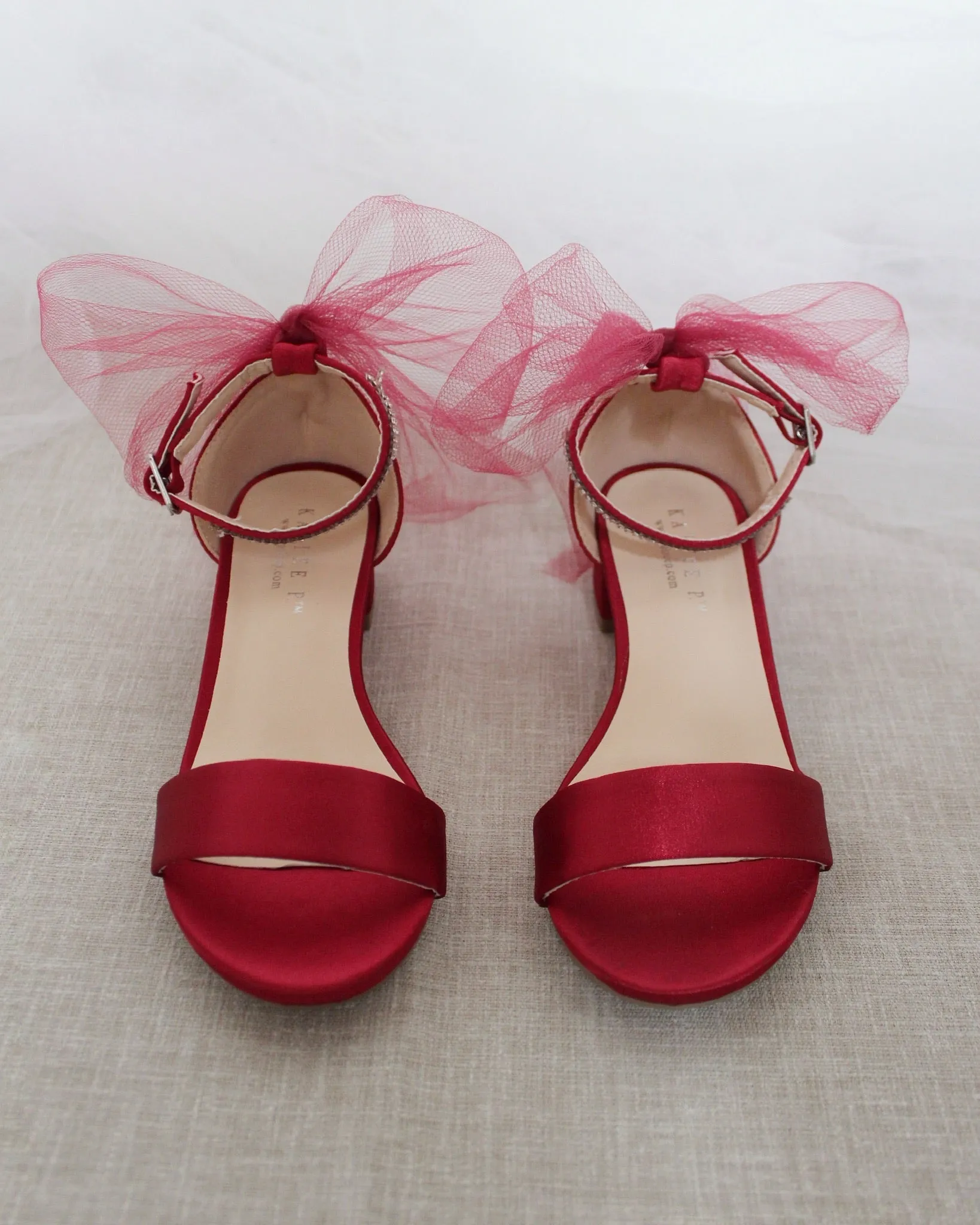 Satin Block Heel Sandals with Tulle Back Bow
