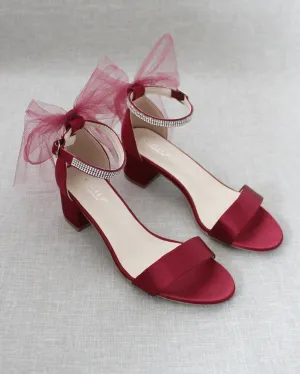 Satin Block Heel Sandals with Tulle Back Bow