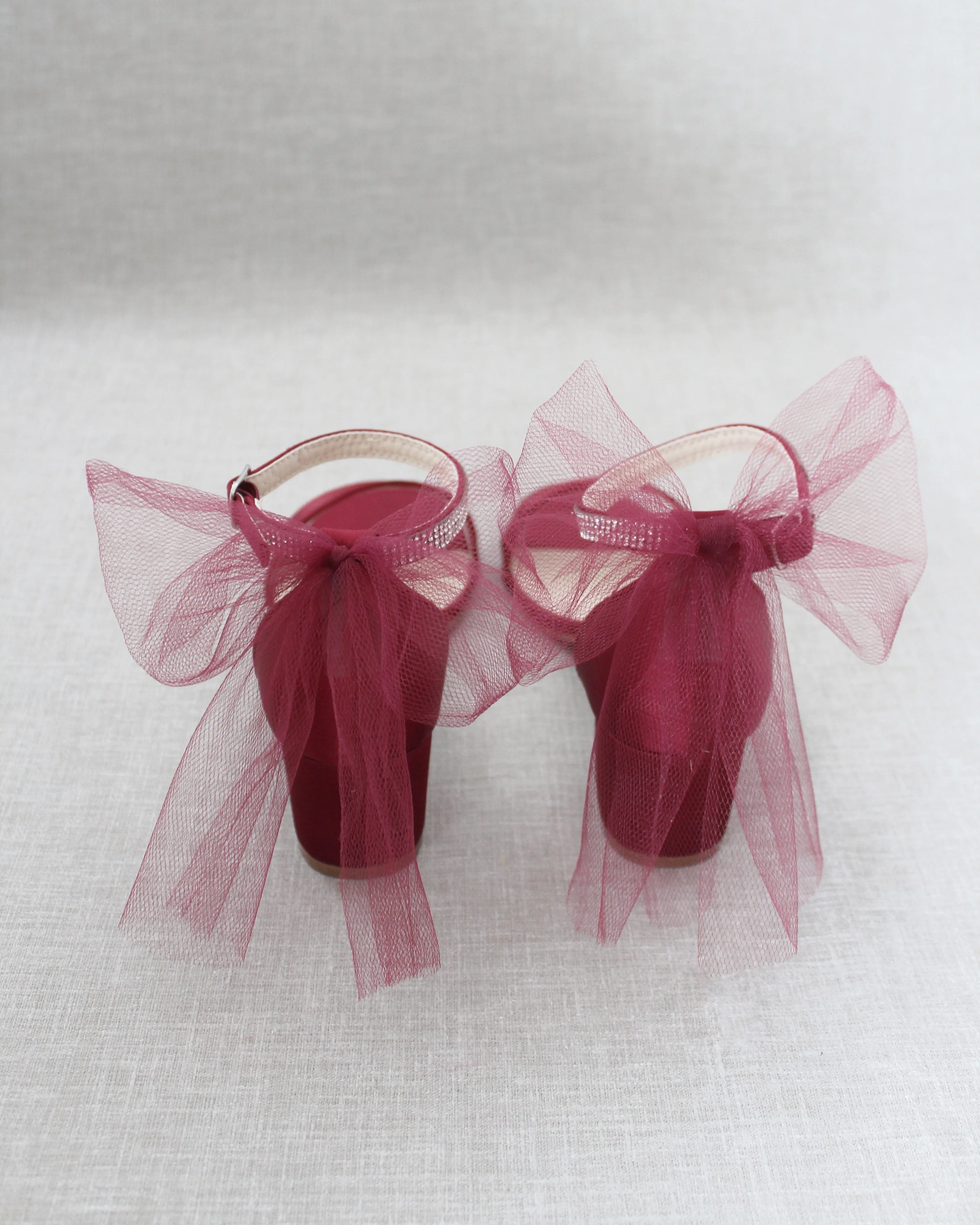 Satin Block Heel Sandals with Tulle Back Bow