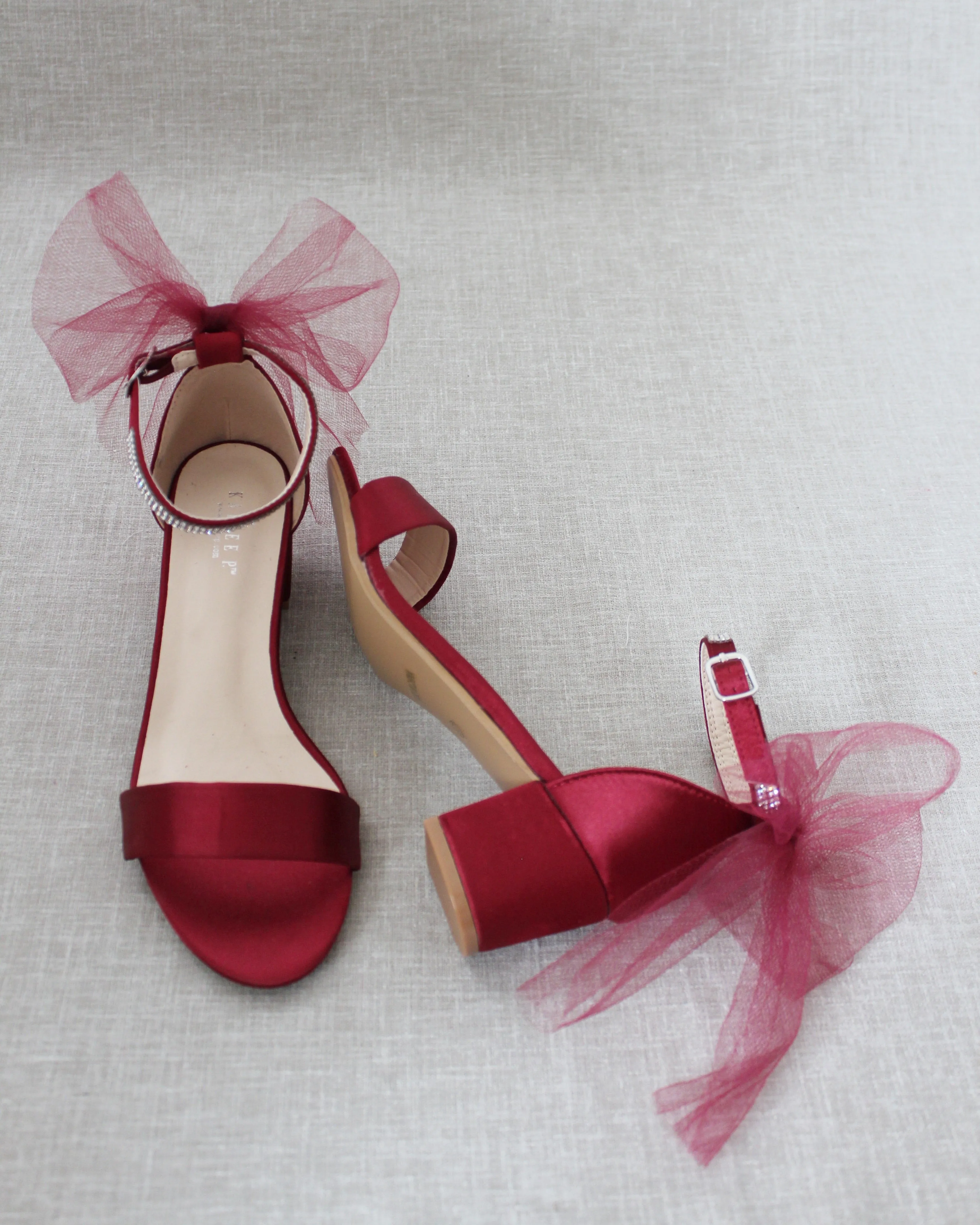Satin Block Heel Sandals with Tulle Back Bow
