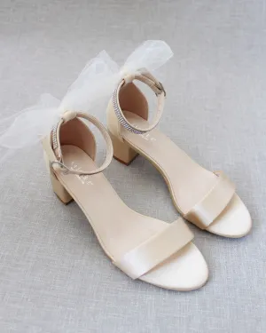 Satin Block Heel Sandals with Tulle Back Bow