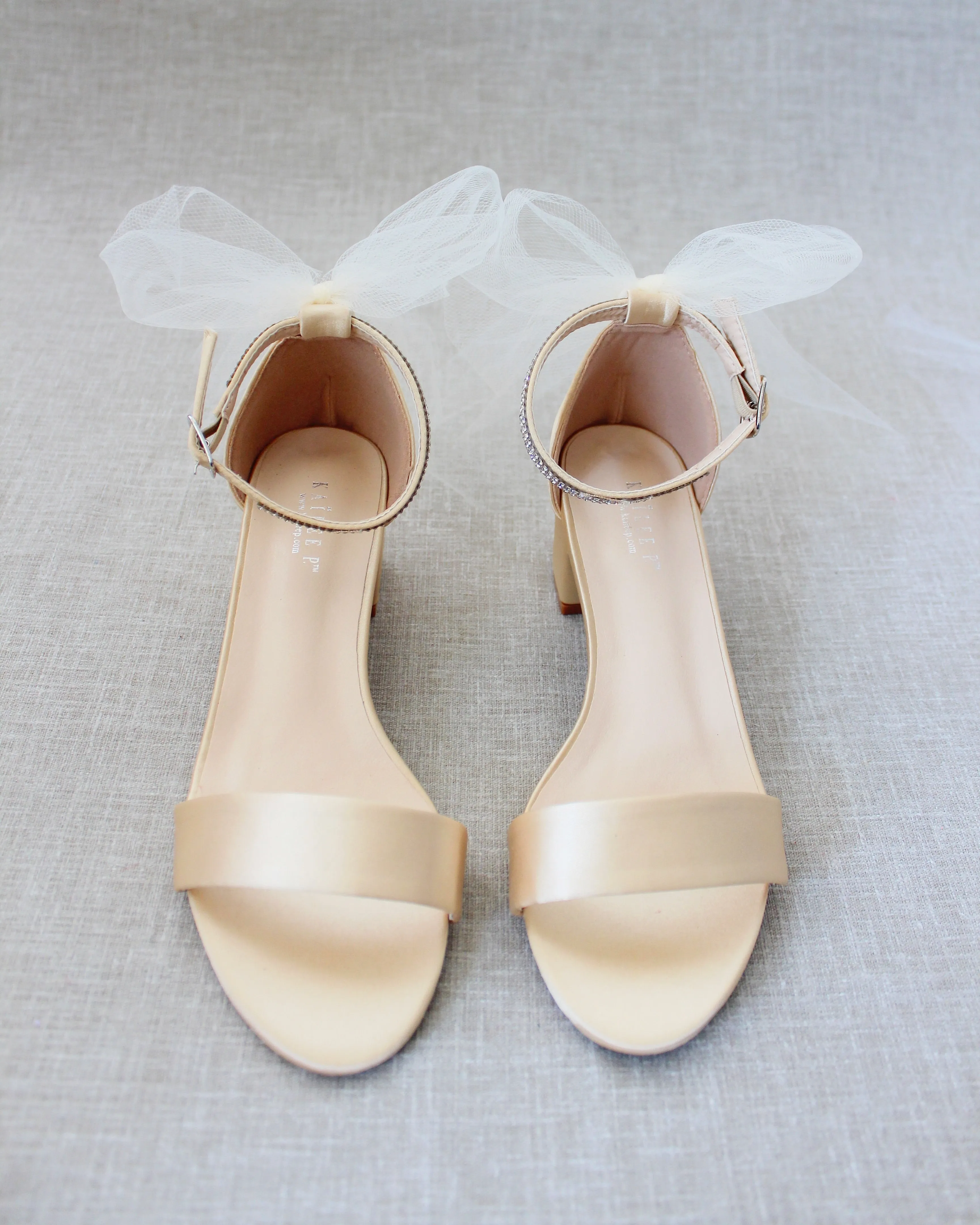 Satin Block Heel Sandals with Tulle Back Bow