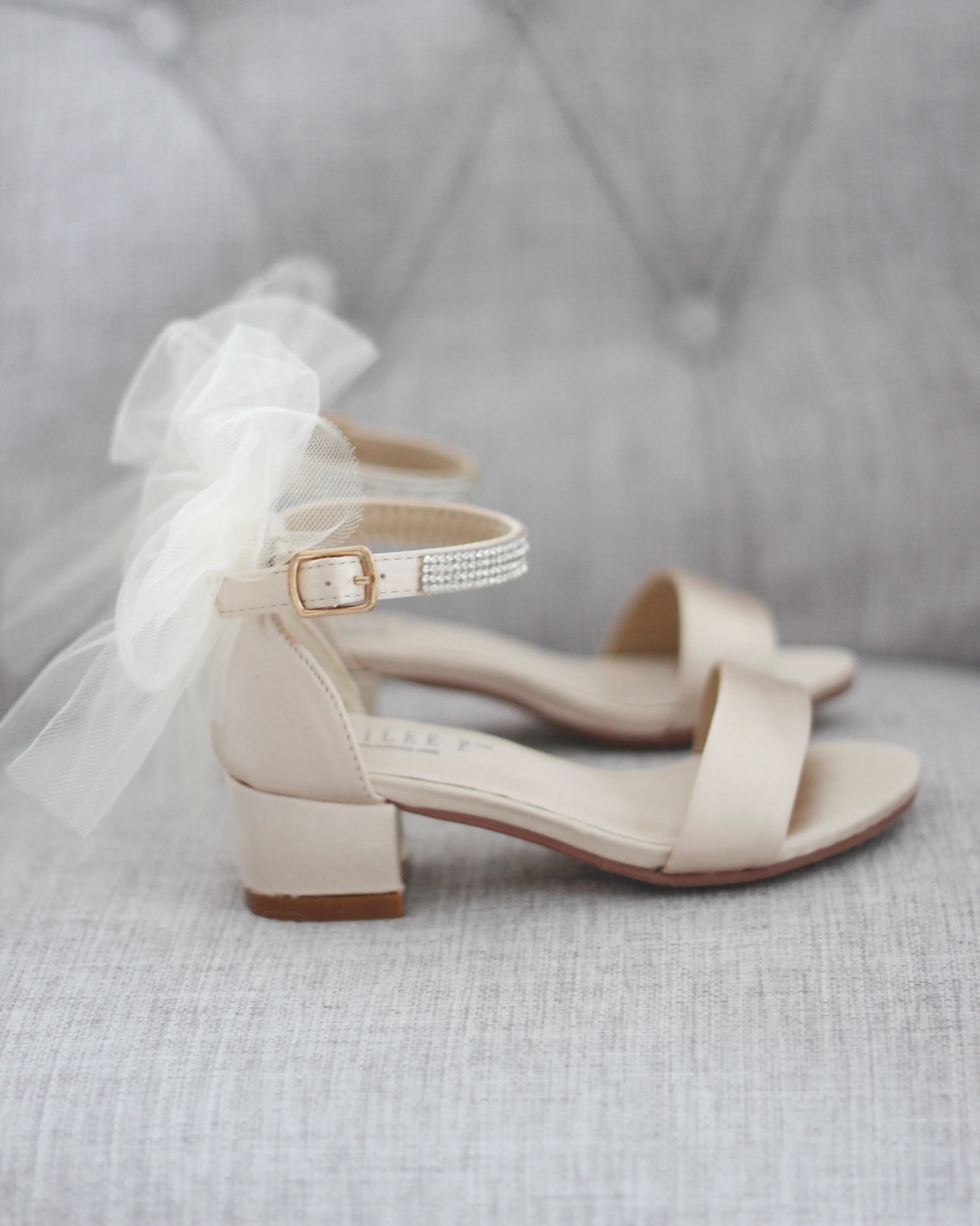 Satin Block Heel Sandals with Tulle Back Bow
