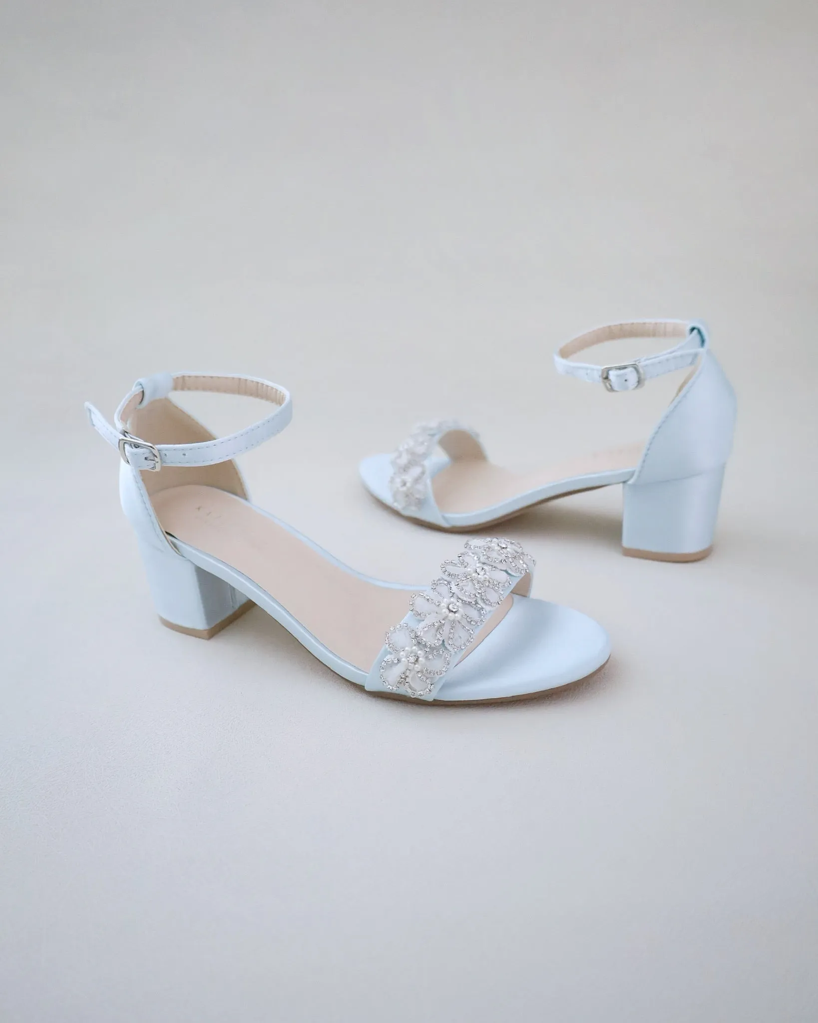 Satin Block Heel Wedding Sandals with Rhinestones Chassia Flower