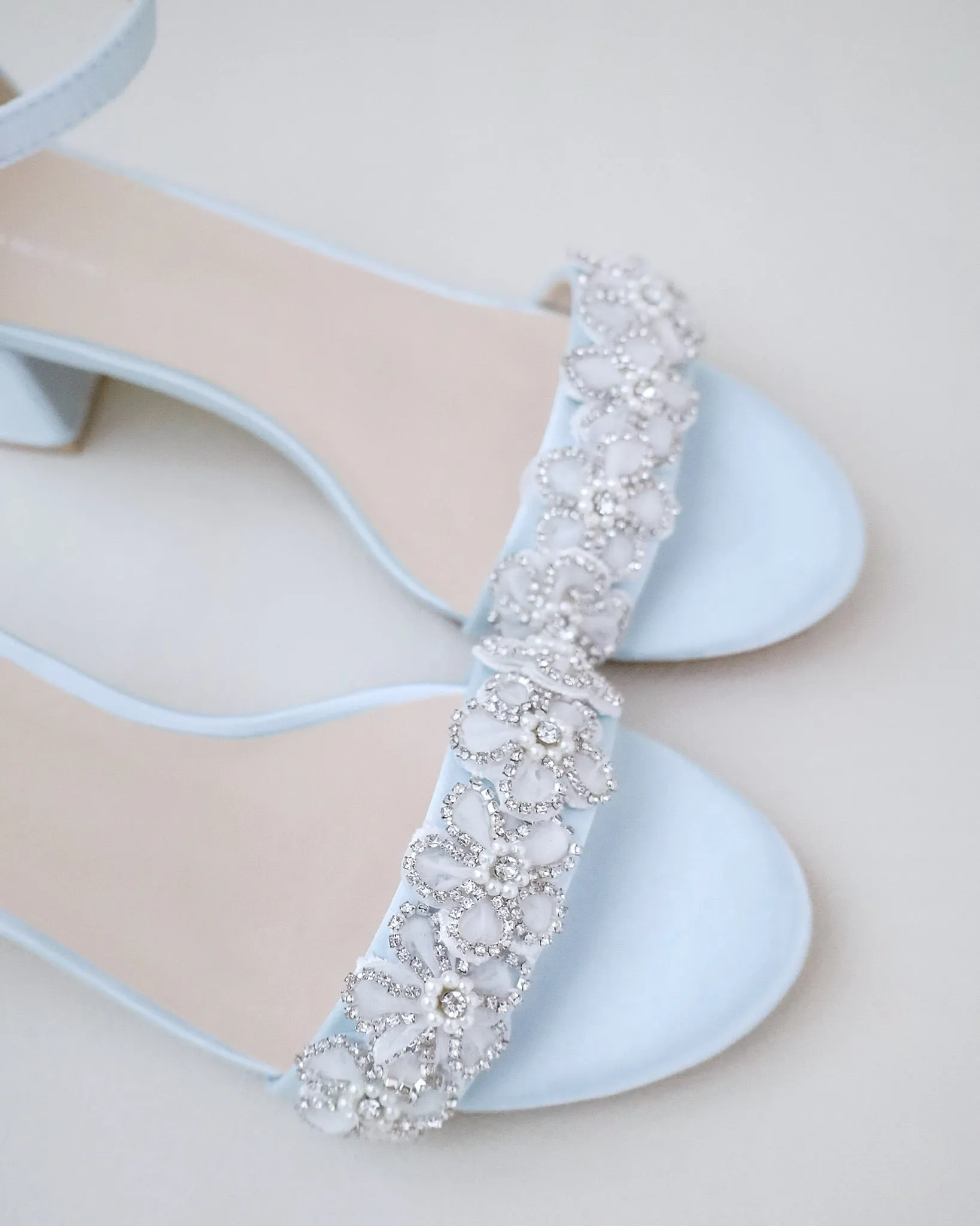 Satin Block Heel Wedding Sandals with Rhinestones Chassia Flower