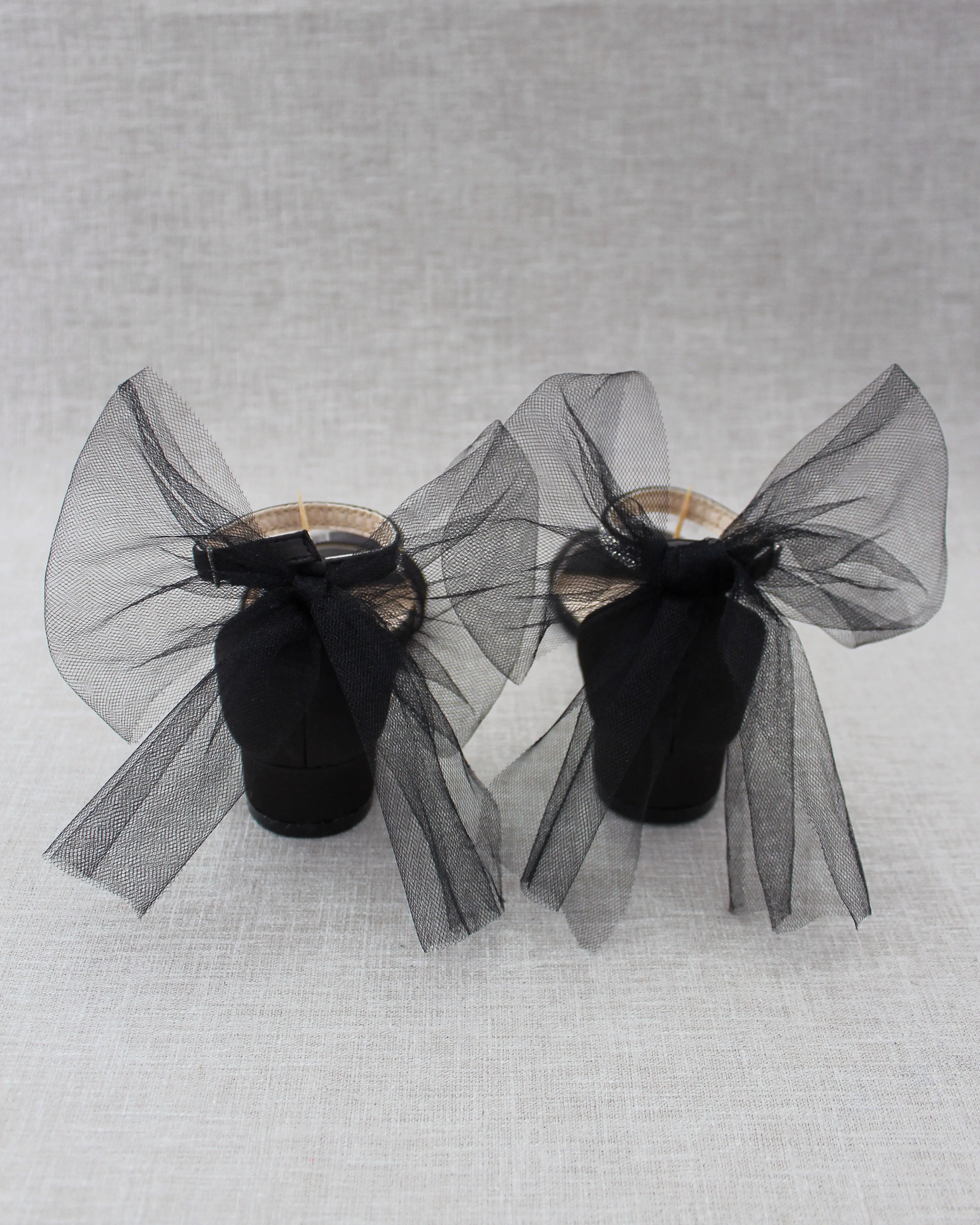 Satin Girls Block Heel Sandals with Tulle Back Bow