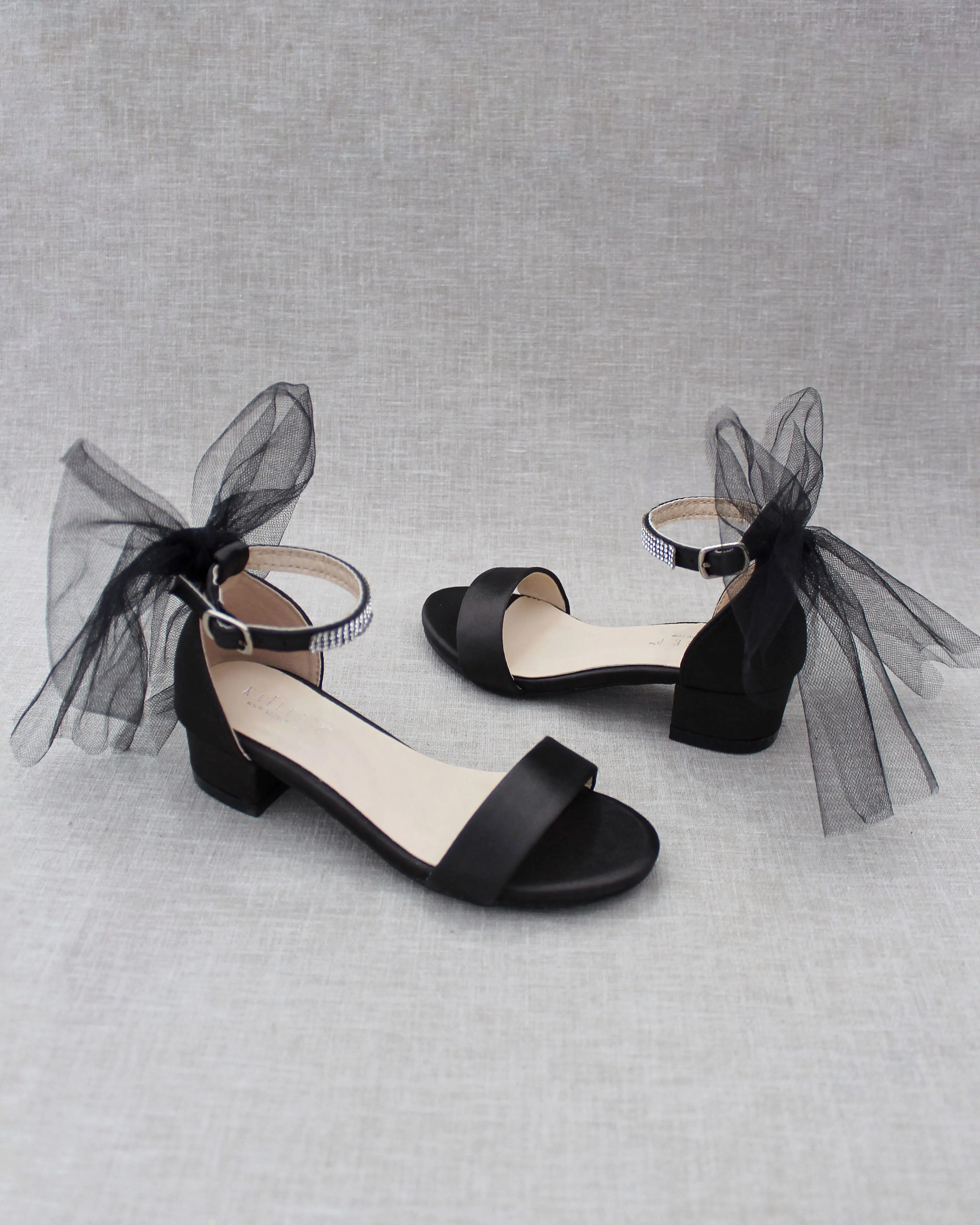 Satin Girls Block Heel Sandals with Tulle Back Bow