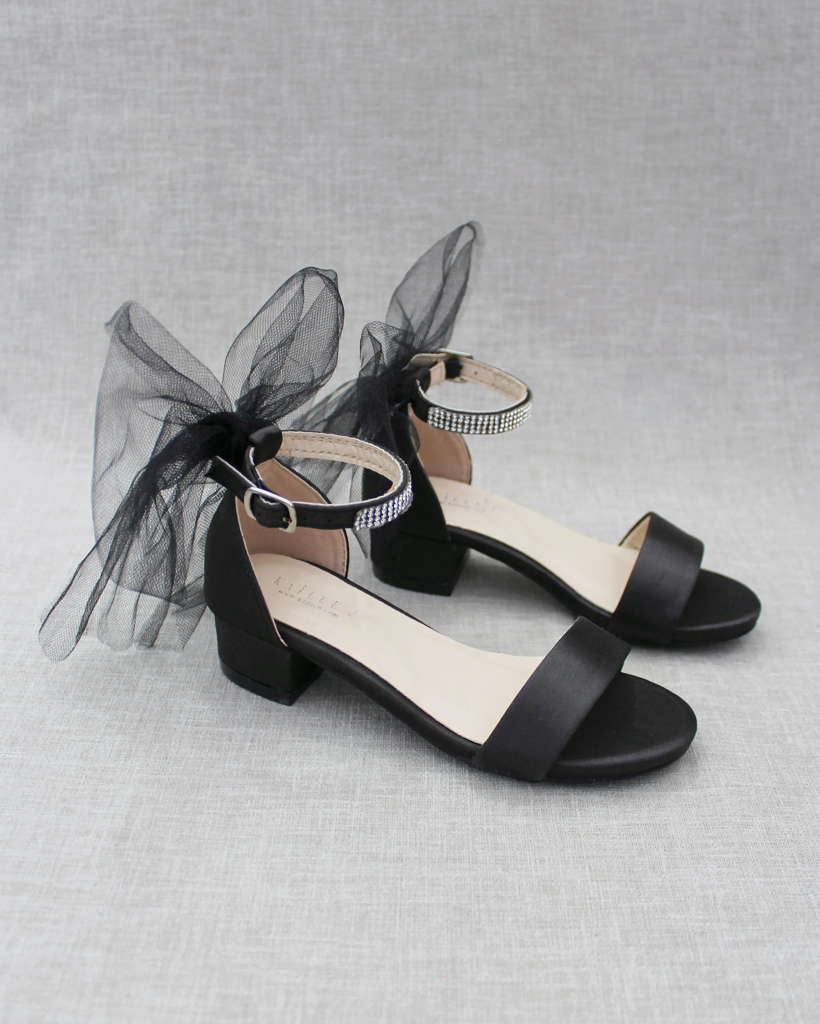 Satin Girls Block Heel Sandals with Tulle Back Bow