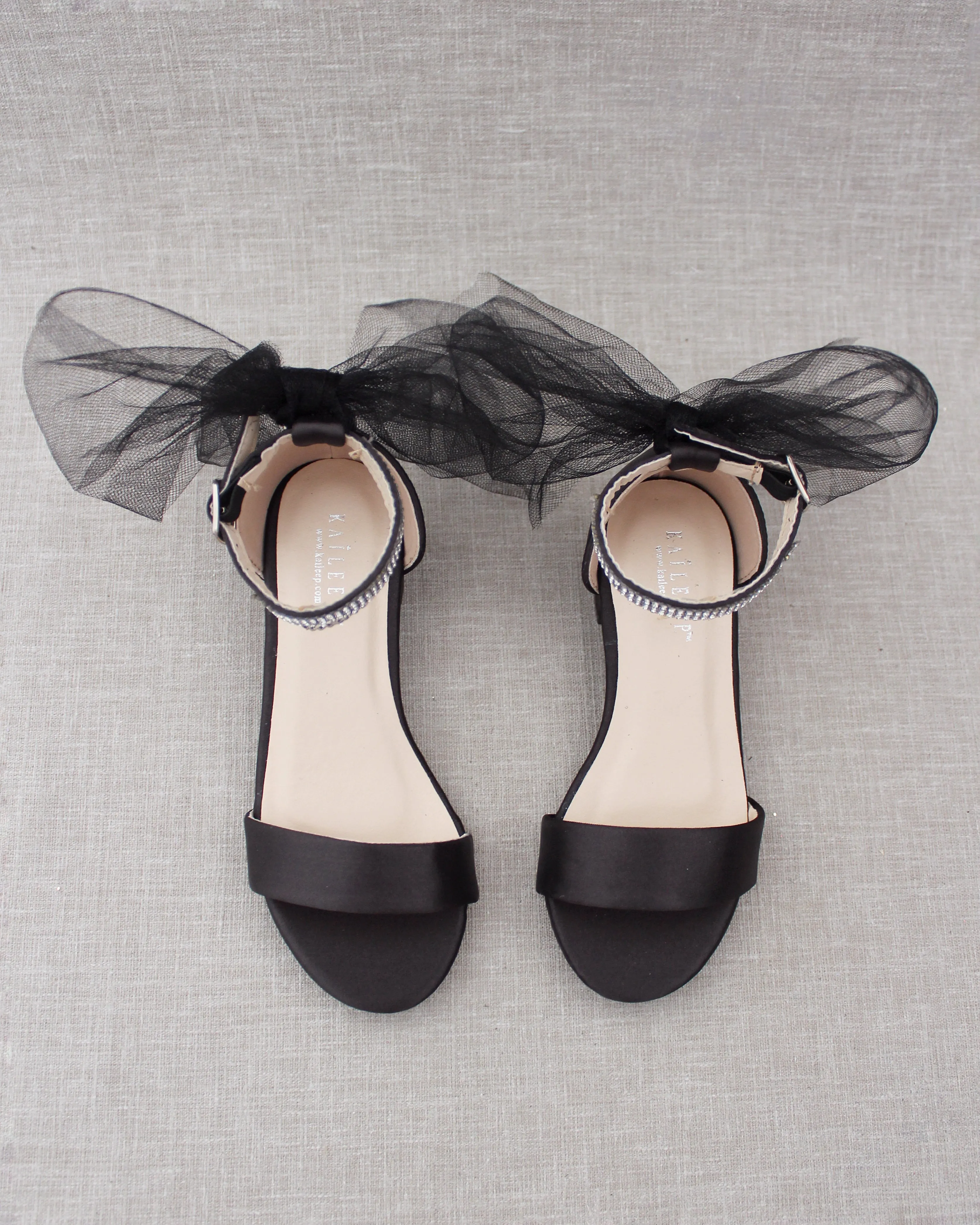 Satin Girls Block Heel Sandals with Tulle Back Bow