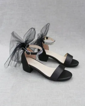 Satin Girls Block Heel Sandals with Tulle Back Bow
