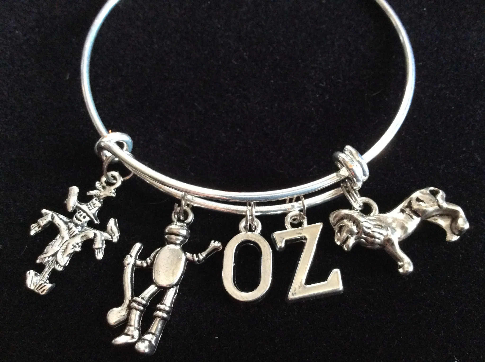 Scarecrow, Tin Man, Loin Charms on a Silver Expandable Adjustable Bangle Bracelet Trendy Stacking Handmade Gift