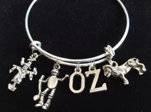 Scarecrow, Tin Man, Loin Charms on a Silver Expandable Adjustable Bangle Bracelet Trendy Stacking Handmade Gift