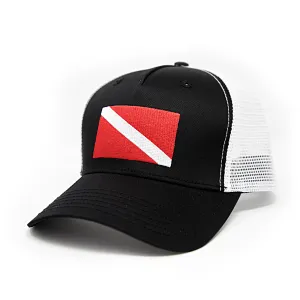 Scuba Diver Flag Trucker Baseball Snapback Hat Black - International Tie
