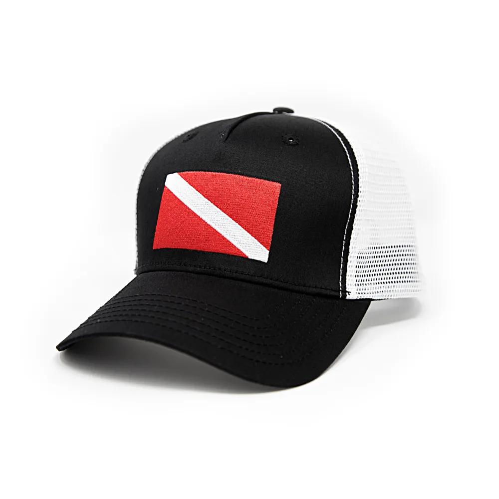 Scuba Diver Flag Trucker Baseball Snapback Hat Black - International Tie