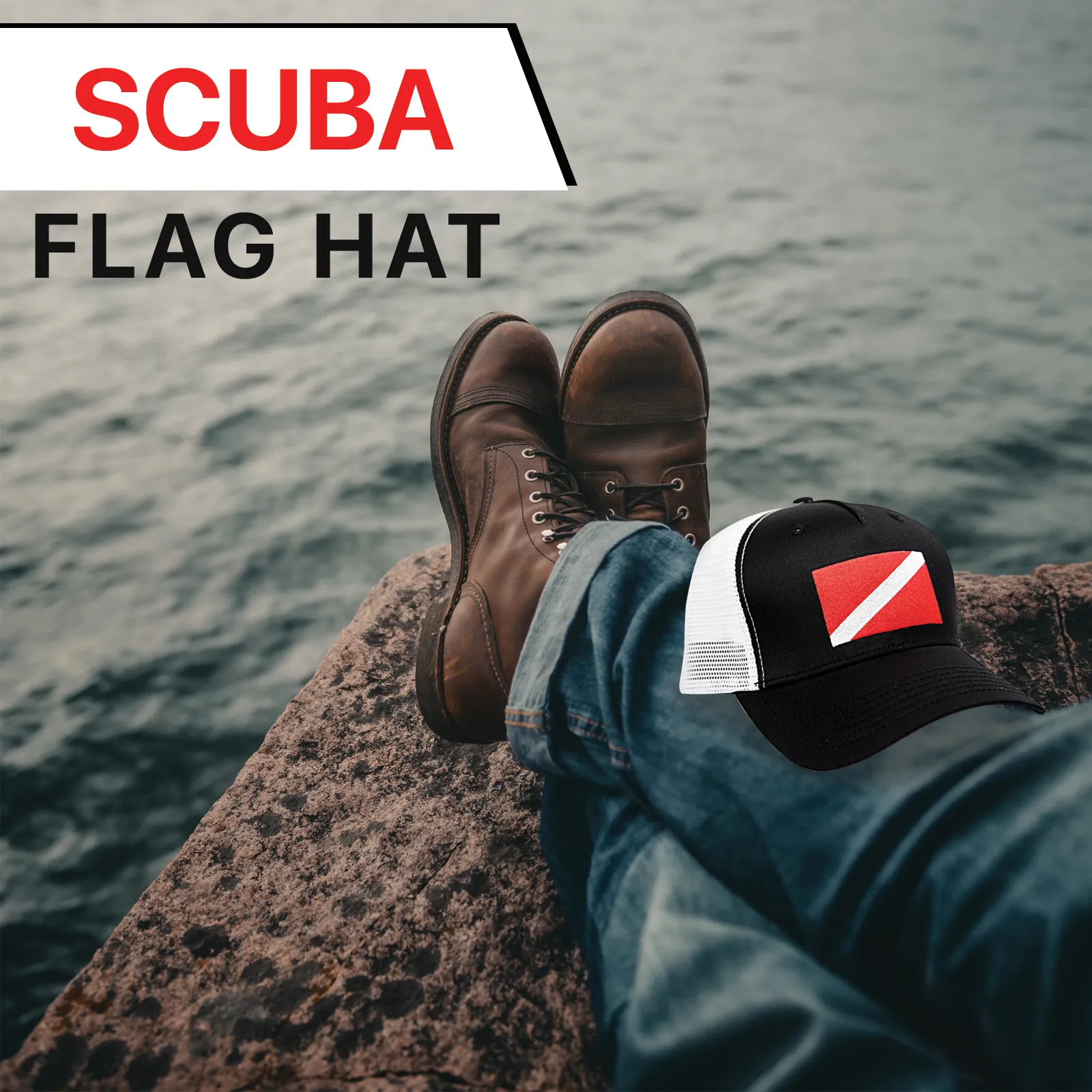 Scuba Diver Flag Trucker Baseball Snapback Hat Black - International Tie