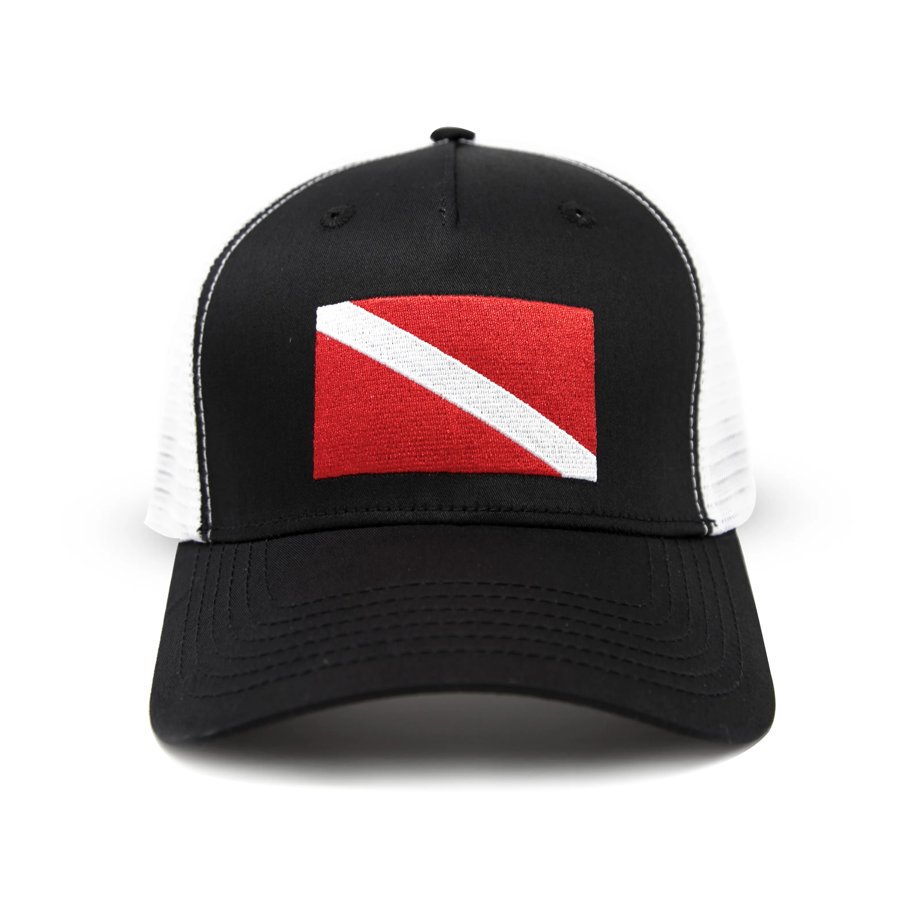 Scuba Diver Flag Trucker Baseball Snapback Hat Black - International Tie
