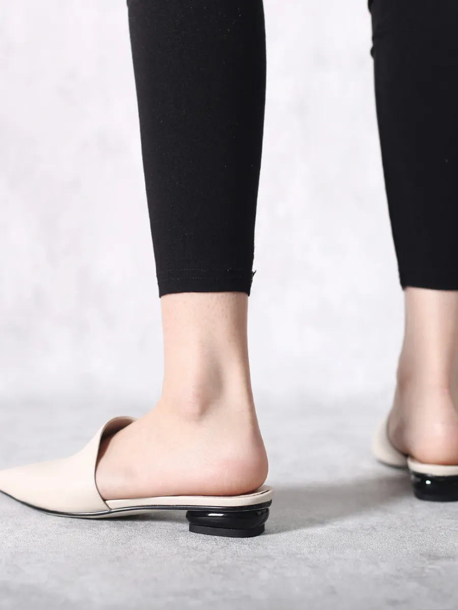 Sharp Toe Classic Point Toe Leather Mules - Beige