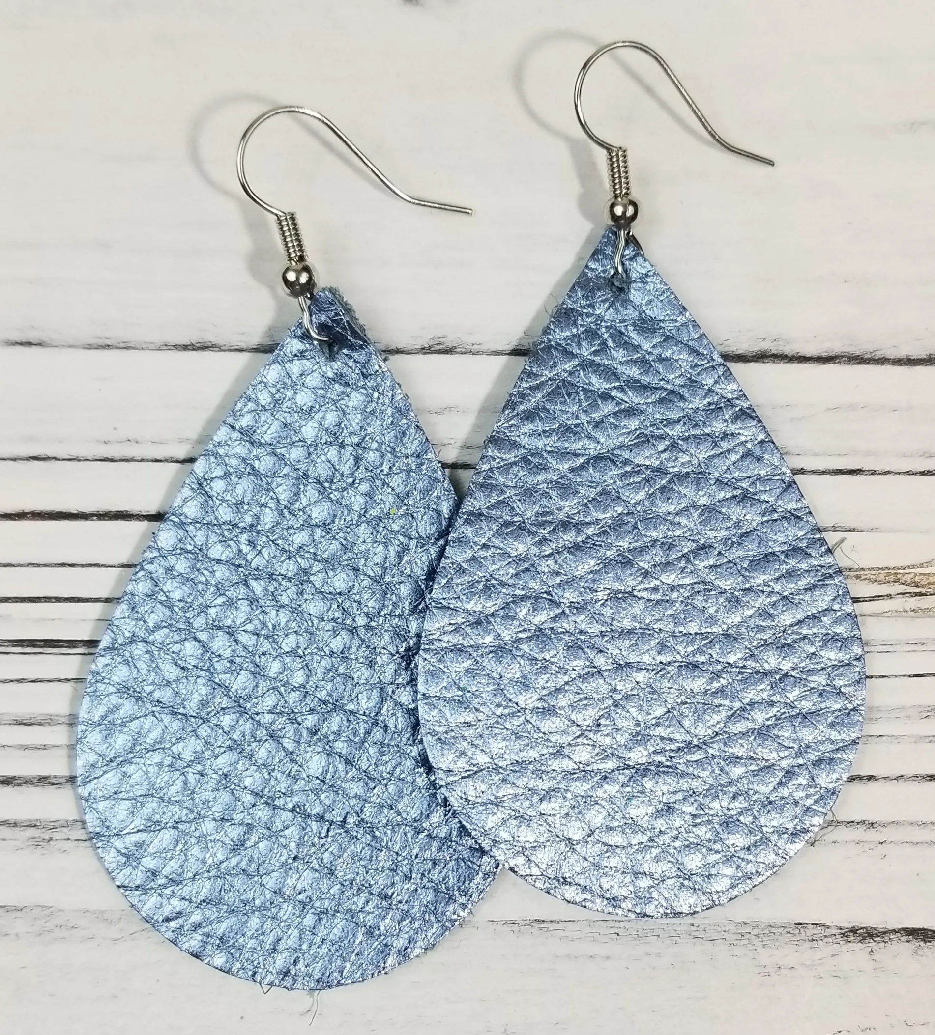 Shiny Steel Blue Textured Teardrop Leather Earrings