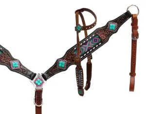 Showman Breastplate & Headstall Set Beaded Inlay Turquoise Stone (13522)