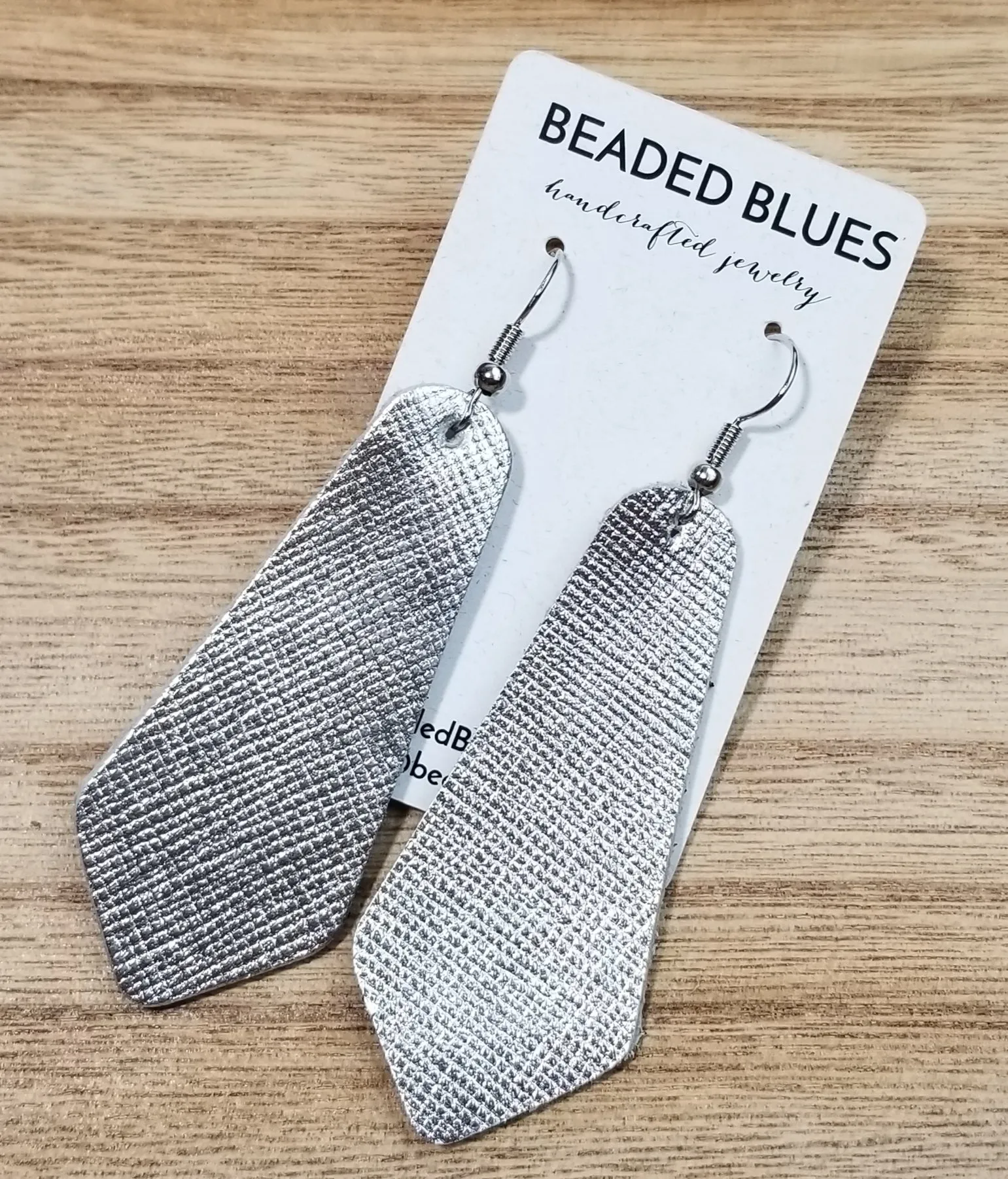 Silver Textured Oblong Diamond Leather Earrings