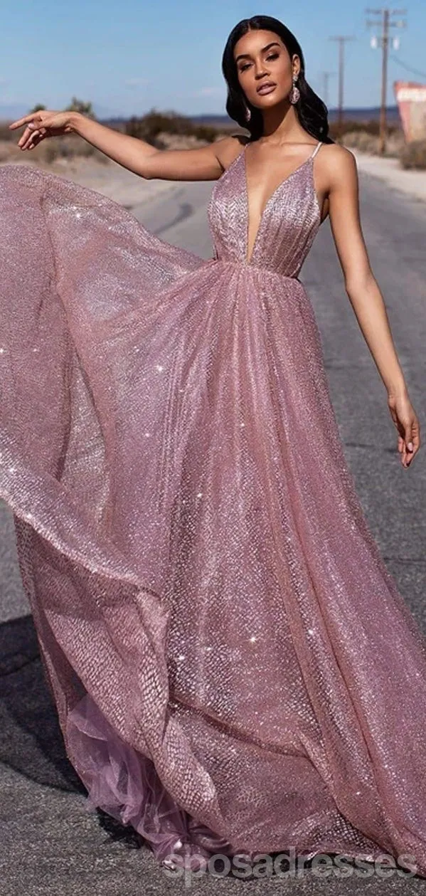 Sparkly A-line Deep V-neck Backless Long Prom Dresses Online,Dance Dresses,12789