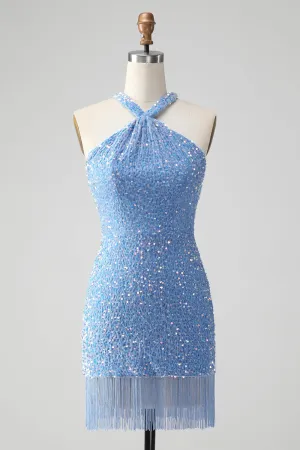 Sparkly Blue Bodycon Halter Sequin Short Homecoming Dress with Tassels