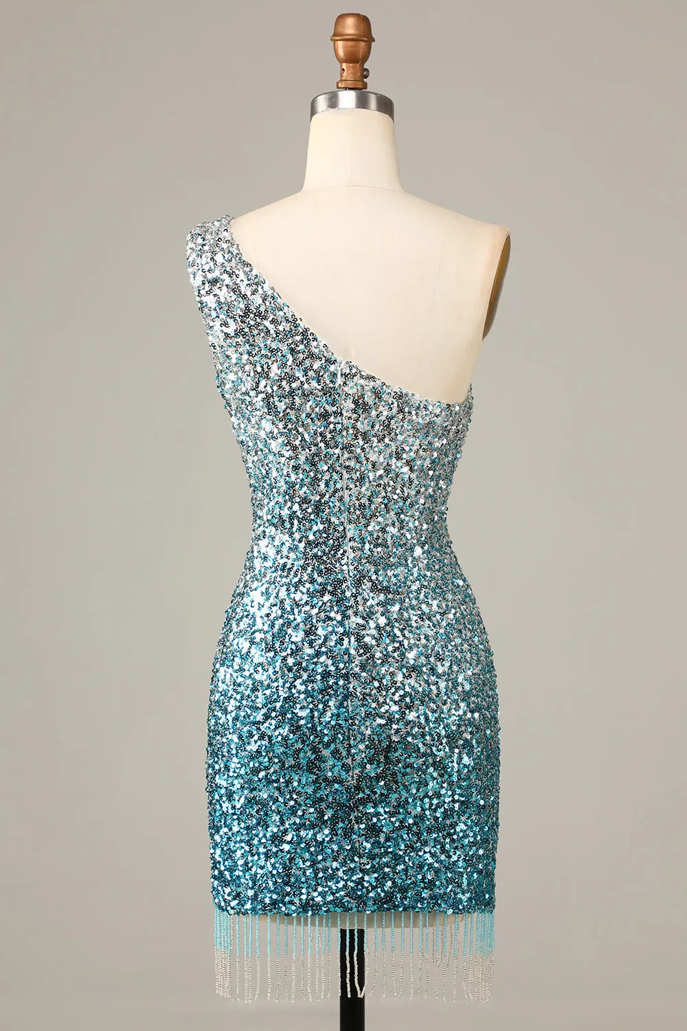 Sparkly Bodycon One Shoulder Blue Sequins Short Homecoming Dress with Tassel