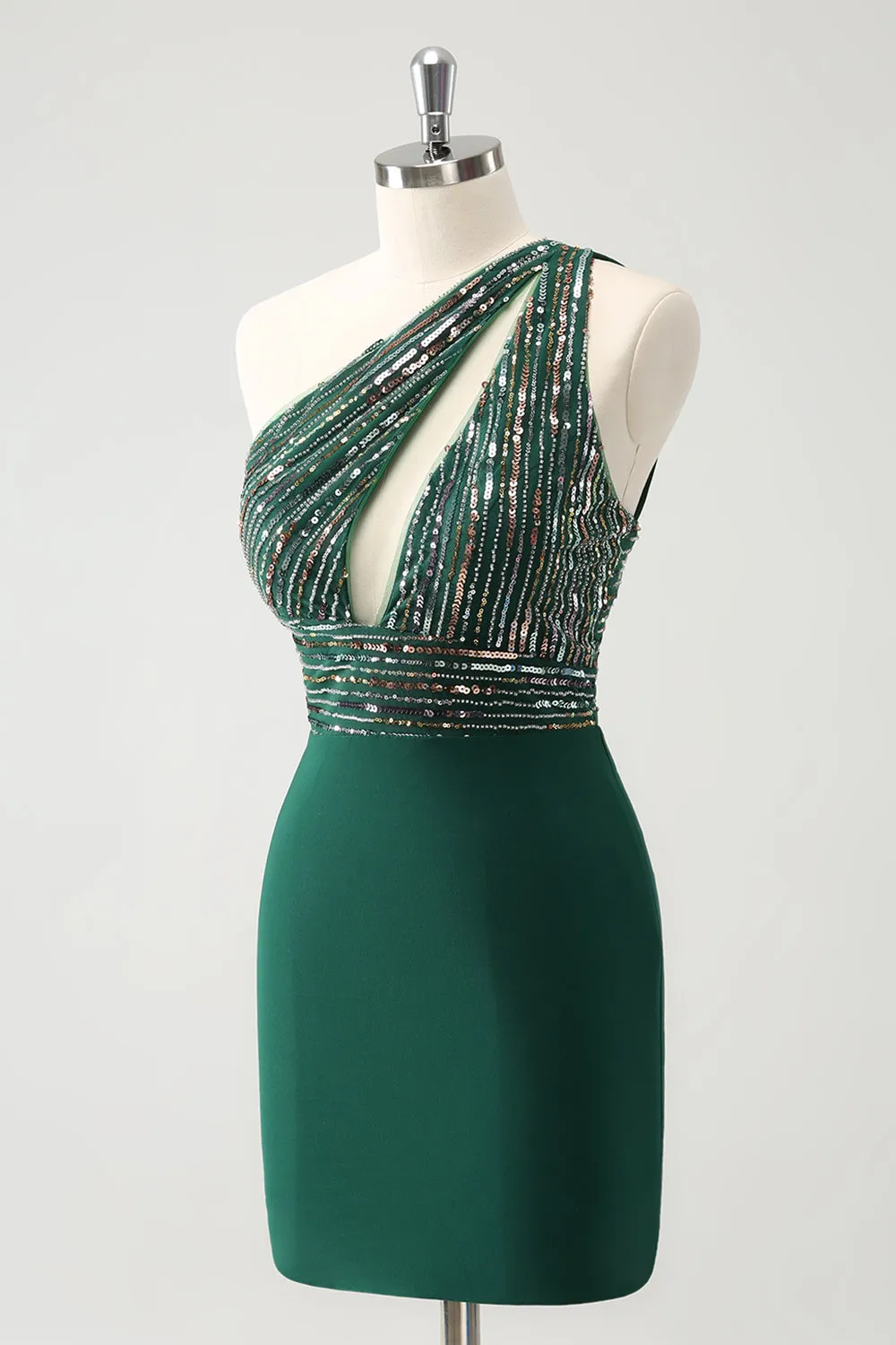Sparkly Dark Green Bodycon One Shoulder Pleated Short Homecoming Dress with Sequins
