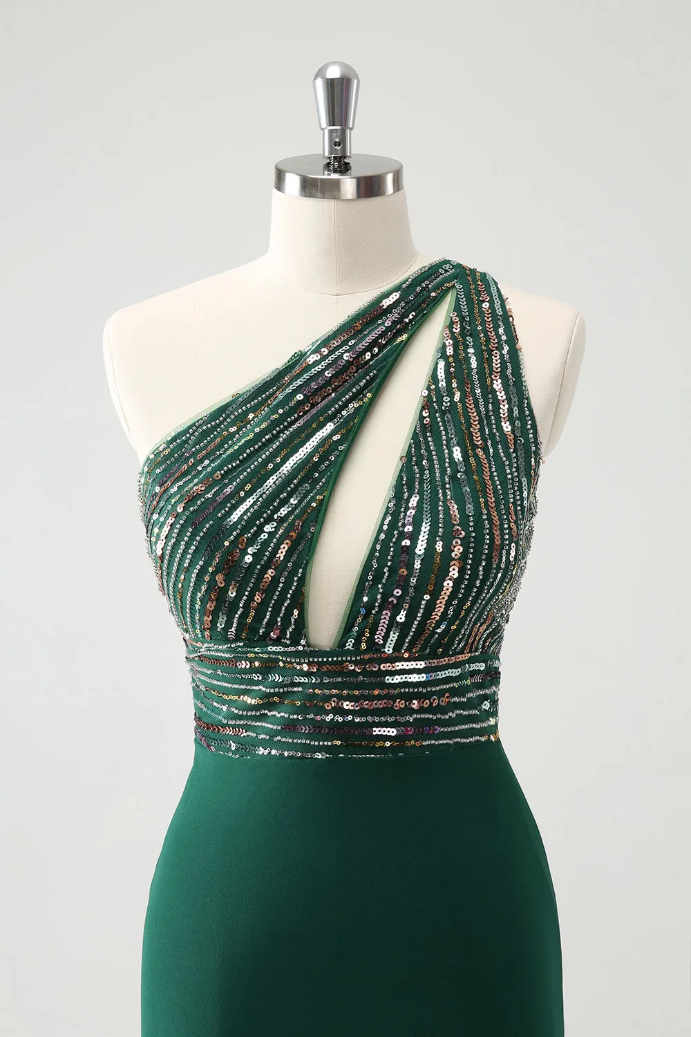 Sparkly Dark Green Bodycon One Shoulder Pleated Short Homecoming Dress with Sequins