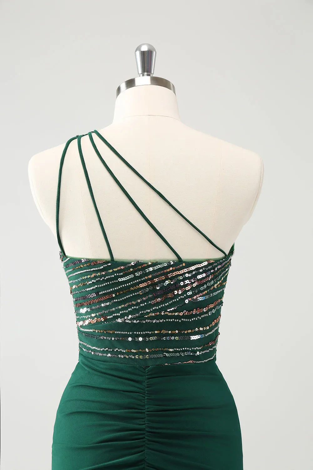 Sparkly Dark Green Bodycon One Shoulder Pleated Short Homecoming Dress with Sequins
