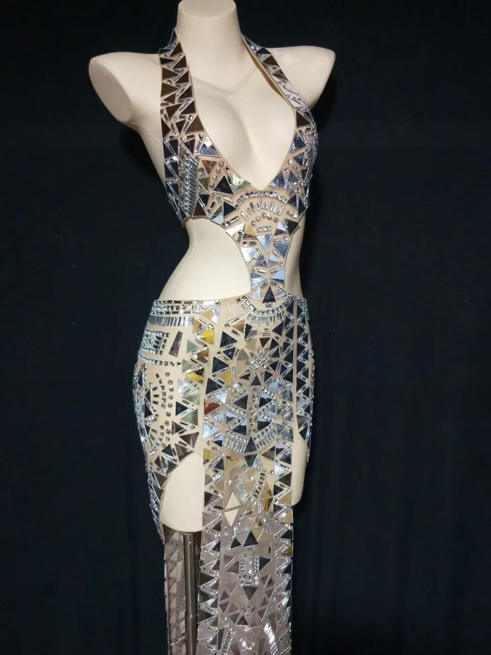 Sparkly Rhinestones Mirrors High Split Long Dress