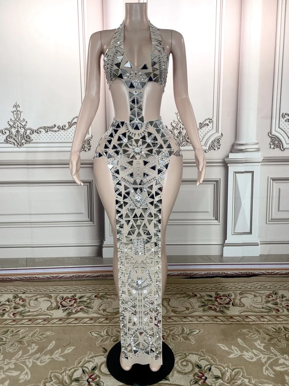 Sparkly Rhinestones Mirrors High Split Long Dress
